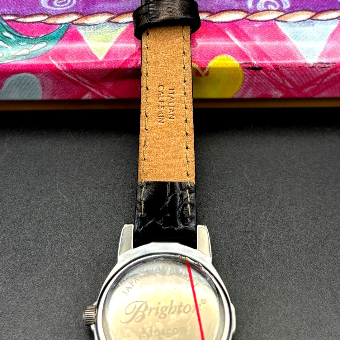 Brighton Moscow Women’s Silver Oval Black Italian Leather Vintage Watch NIB