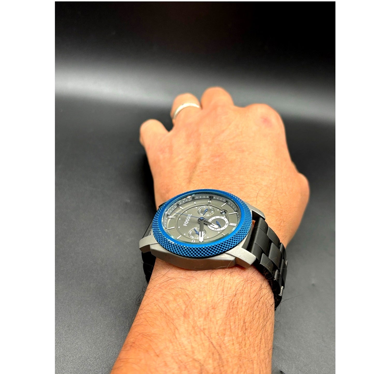 Fossil Machine FS4659 Men’s Chronograph Blue Bezel Gray Dial Black IP Watch