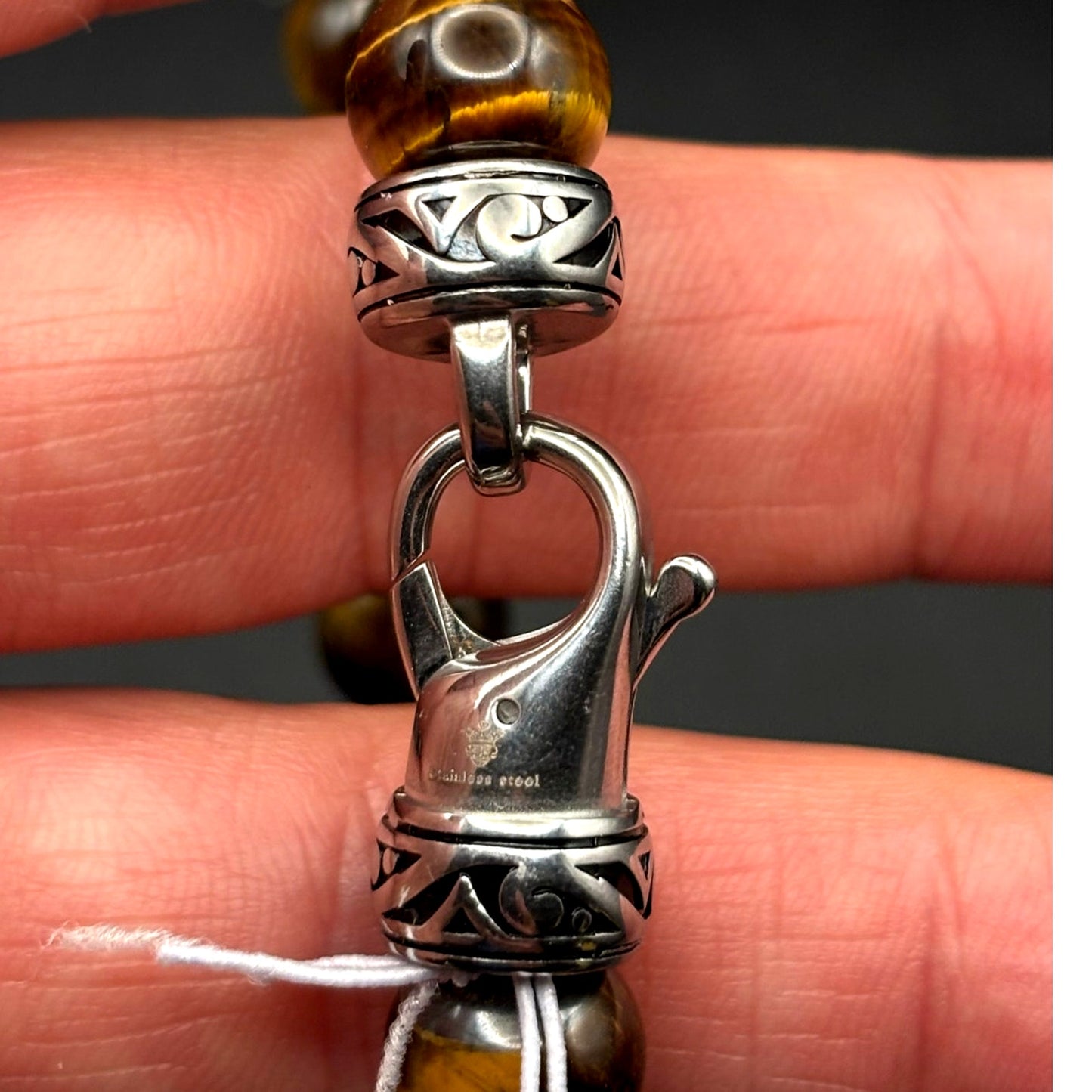 Blackjack BJB244BTE Mens Genuine 10mm Tiger Eye Stainless Steel Beaded Bracelet