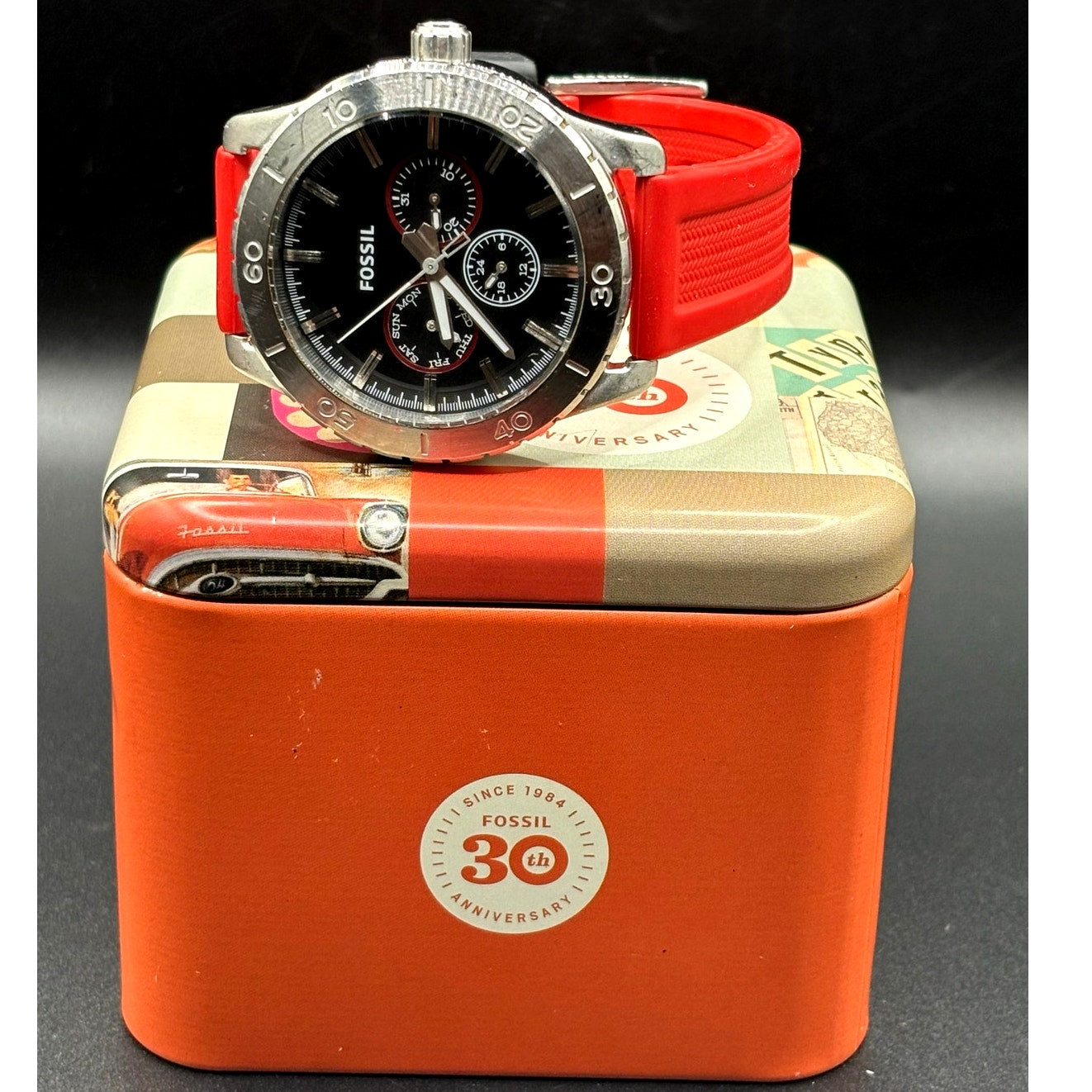 Fossil Kipton BQ1061 Black Dial Red Silicone Strap Multifunction Watch 42mm
