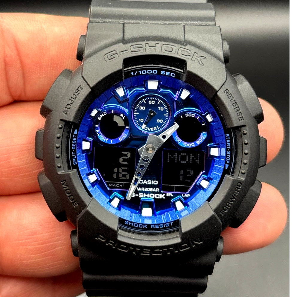 Casio G-Shock GA100FL-1A Men’s Vibrant Black Blue Analog Digital Watch NIBWT