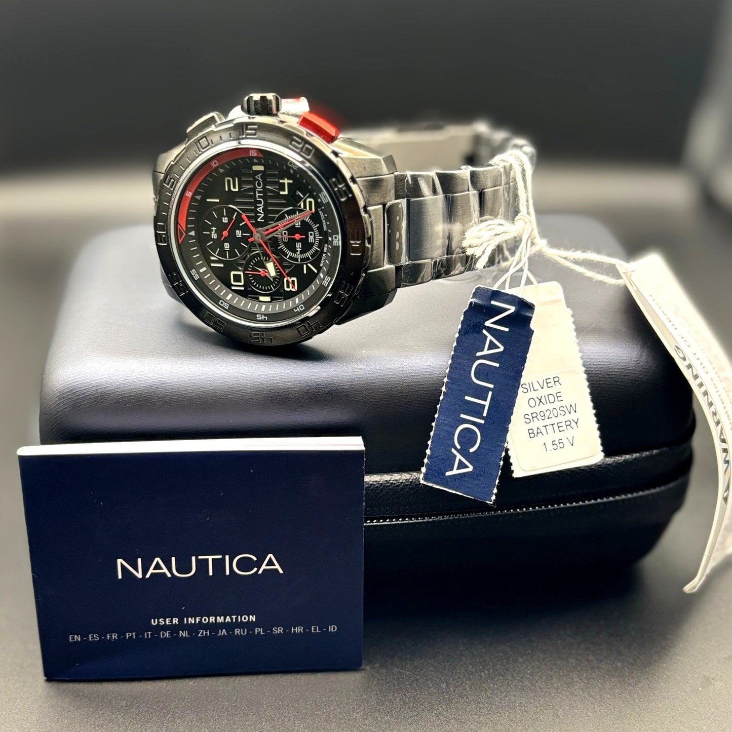 Nautica NAPNS305 Mens Chronograph Recycled Stainless Steel Bracelet Watch NIBWT