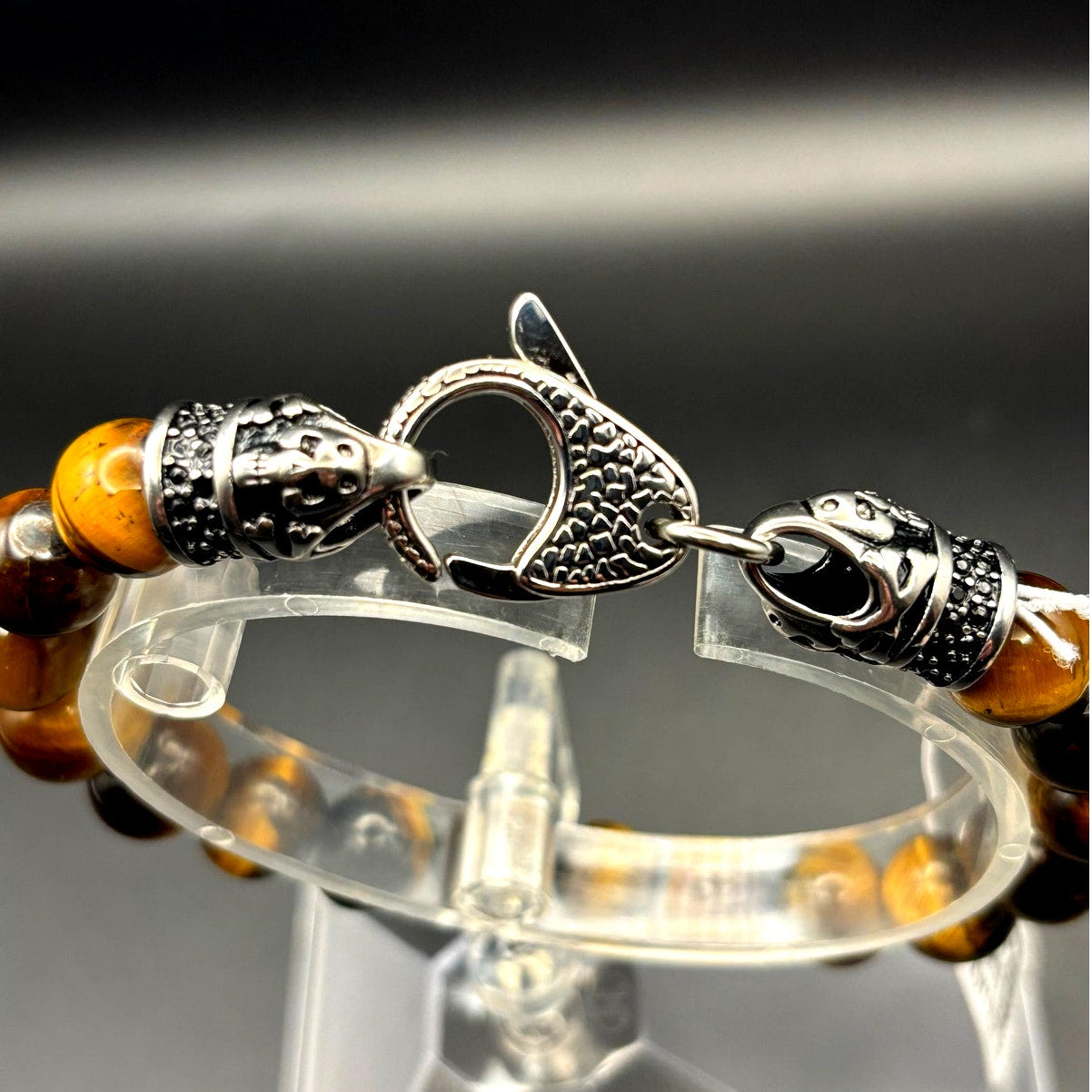 Blackjack BJS16BTE Men's Genuine 10mm Tiger Eye Stainless Steel Beaded Bracelet