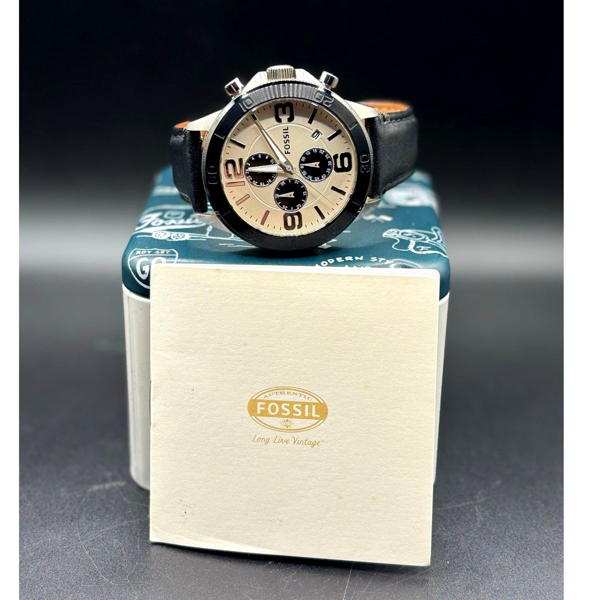 Fossil BQ2165 Chronograph Cream Dial Black Leather Men’s 45mm Watch
