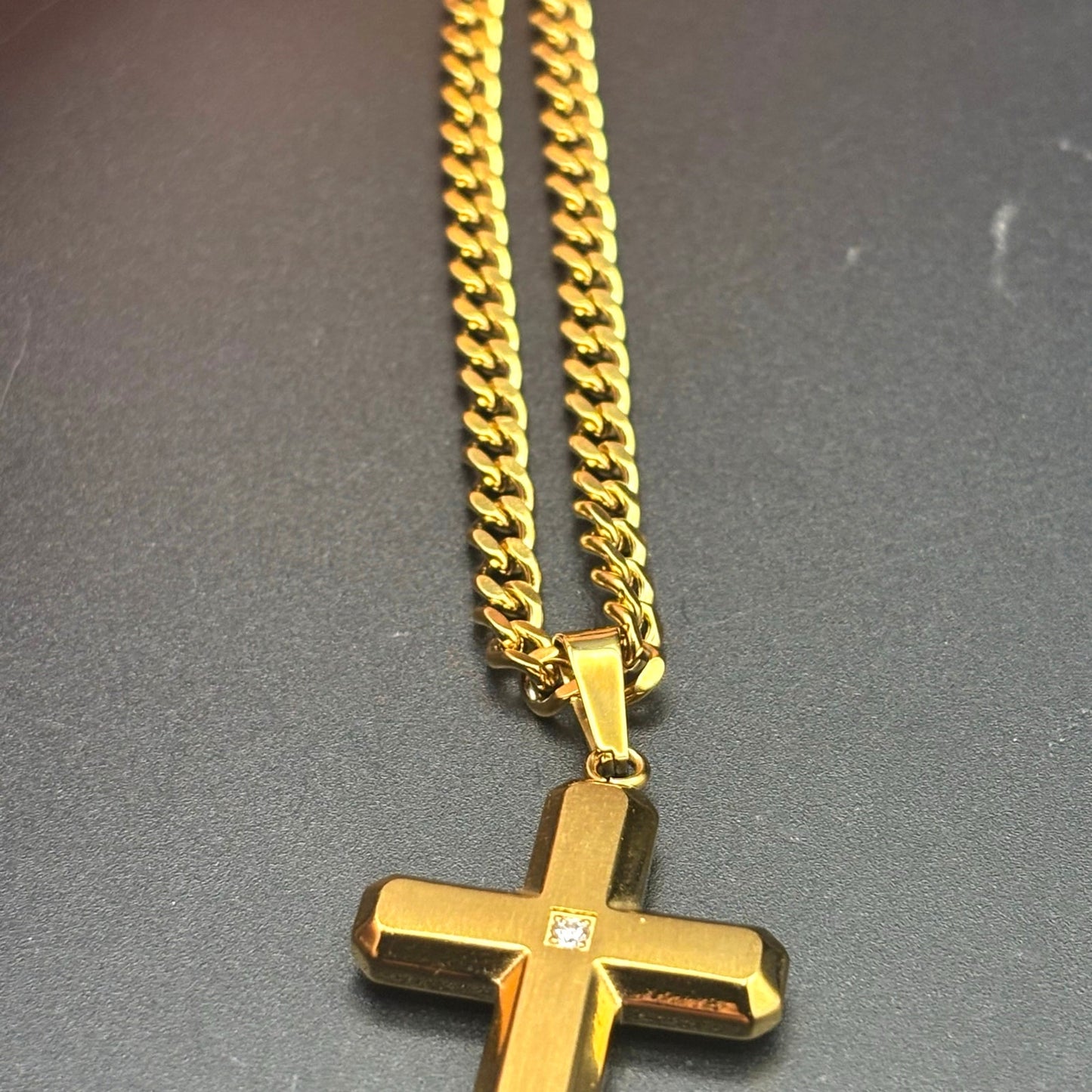Blackjack BJP176G Mens Gold Stainless Steel Cross Pendant Necklace With CZ NIBWT