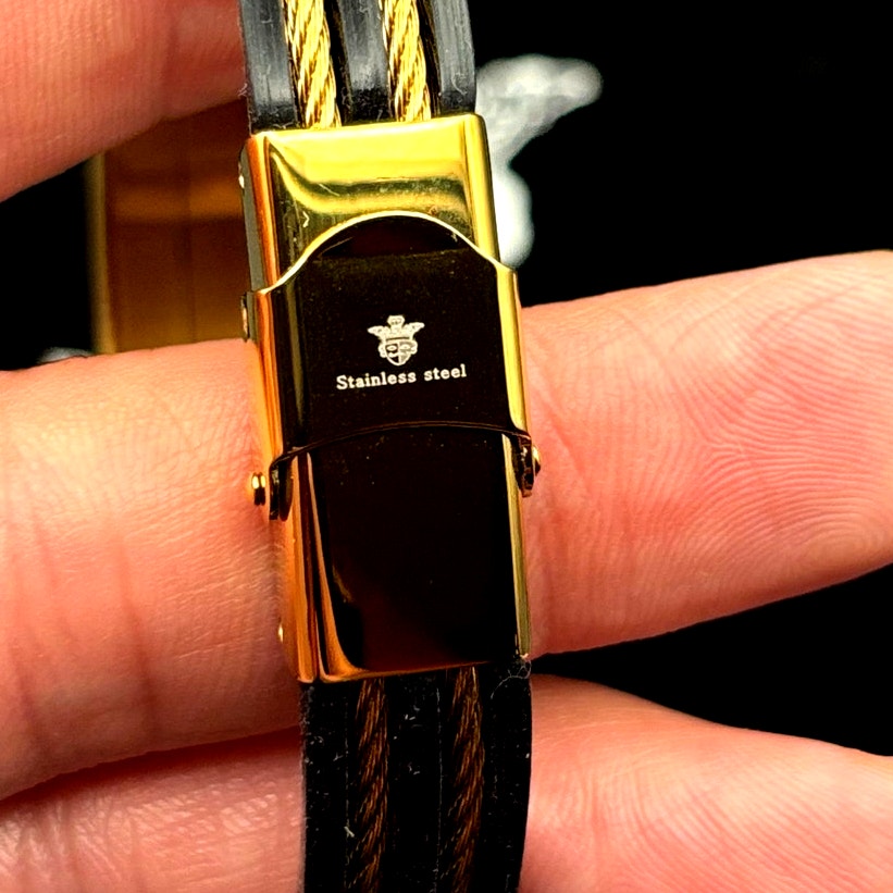 Blackjack BJB251G Mens Black Silicone Gold Stainless Steel Wire Bangle Bracelet
