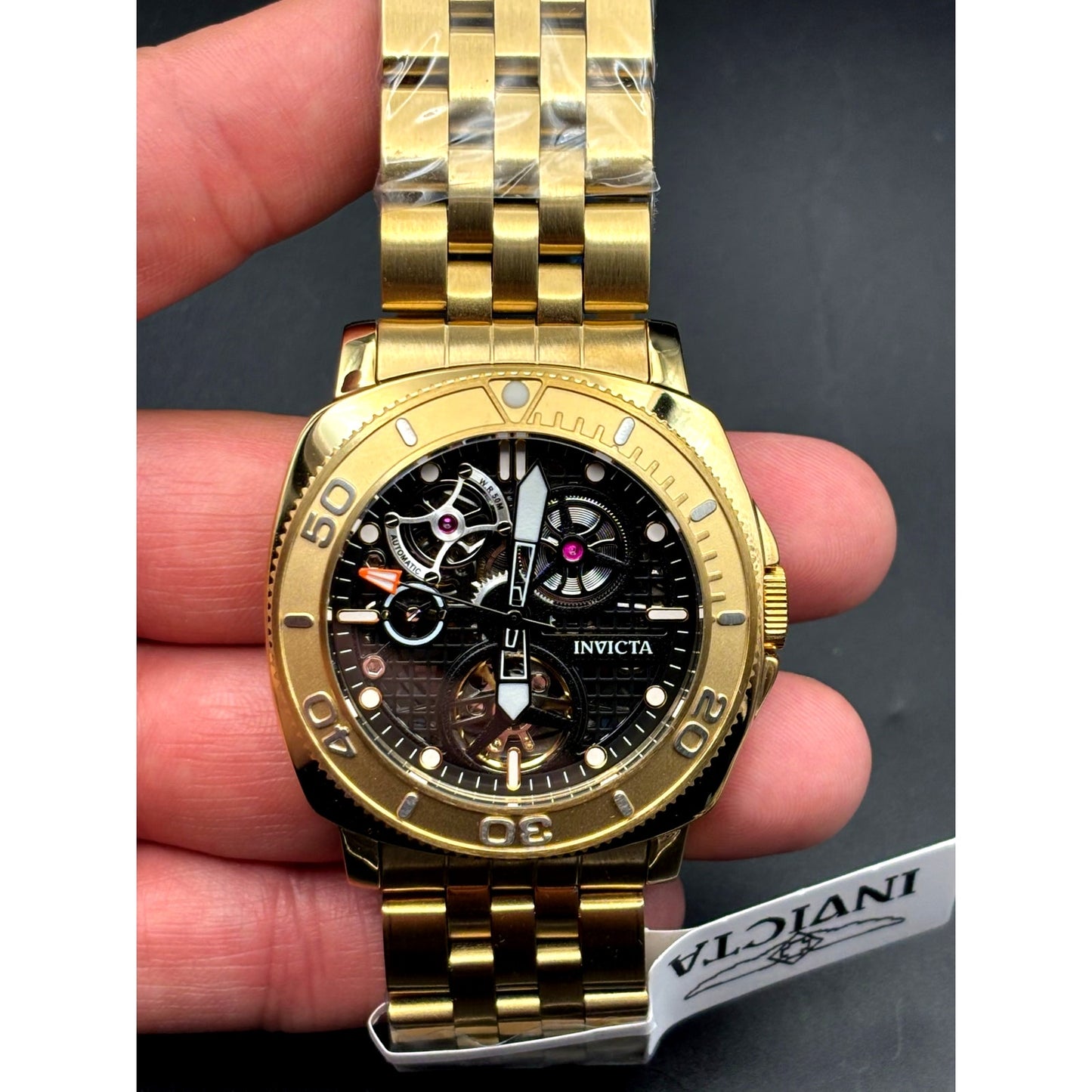 Invicta 69465 Sea Hunter Automatic Skeleton Dial Gold Tone Mens Watch 44mm NIBWT