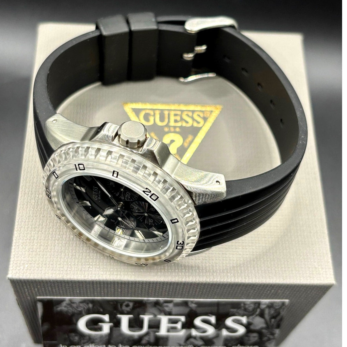 GUESS W85027G3 Men's Multifunction Clear Bezel Black Silicone Strap 44mm Watch