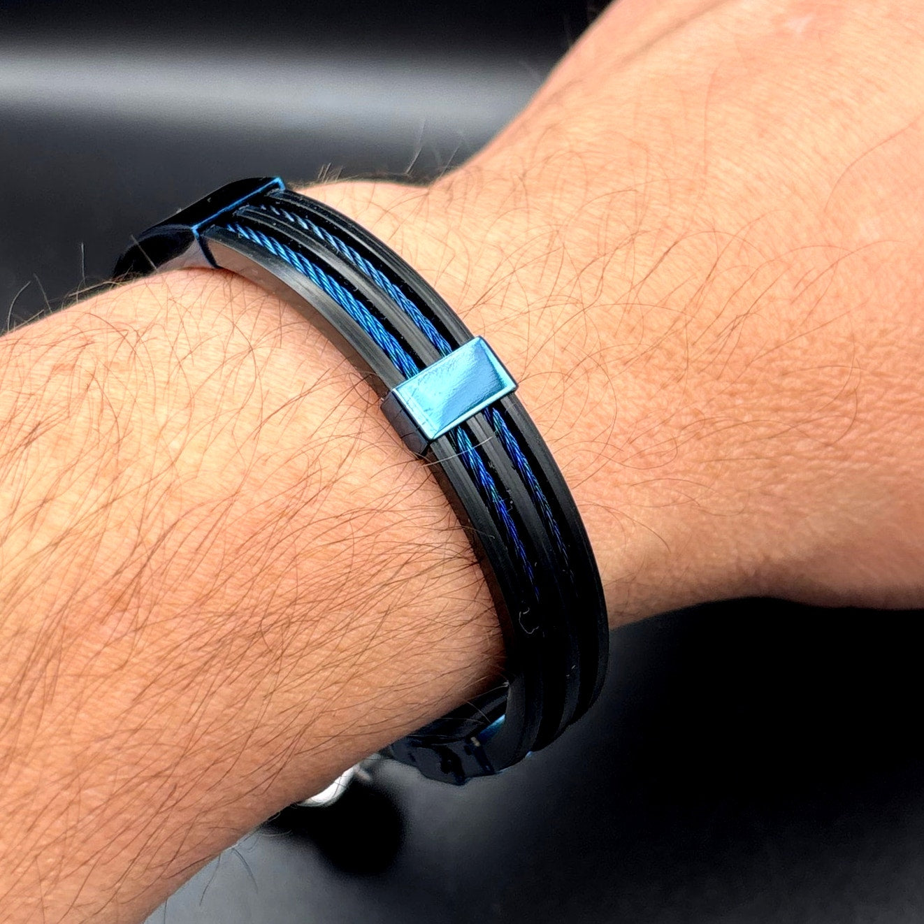 Blackjack BJB251BL Mens Blue Silicone Black Stainless Steel  Bangle ID Bracelet