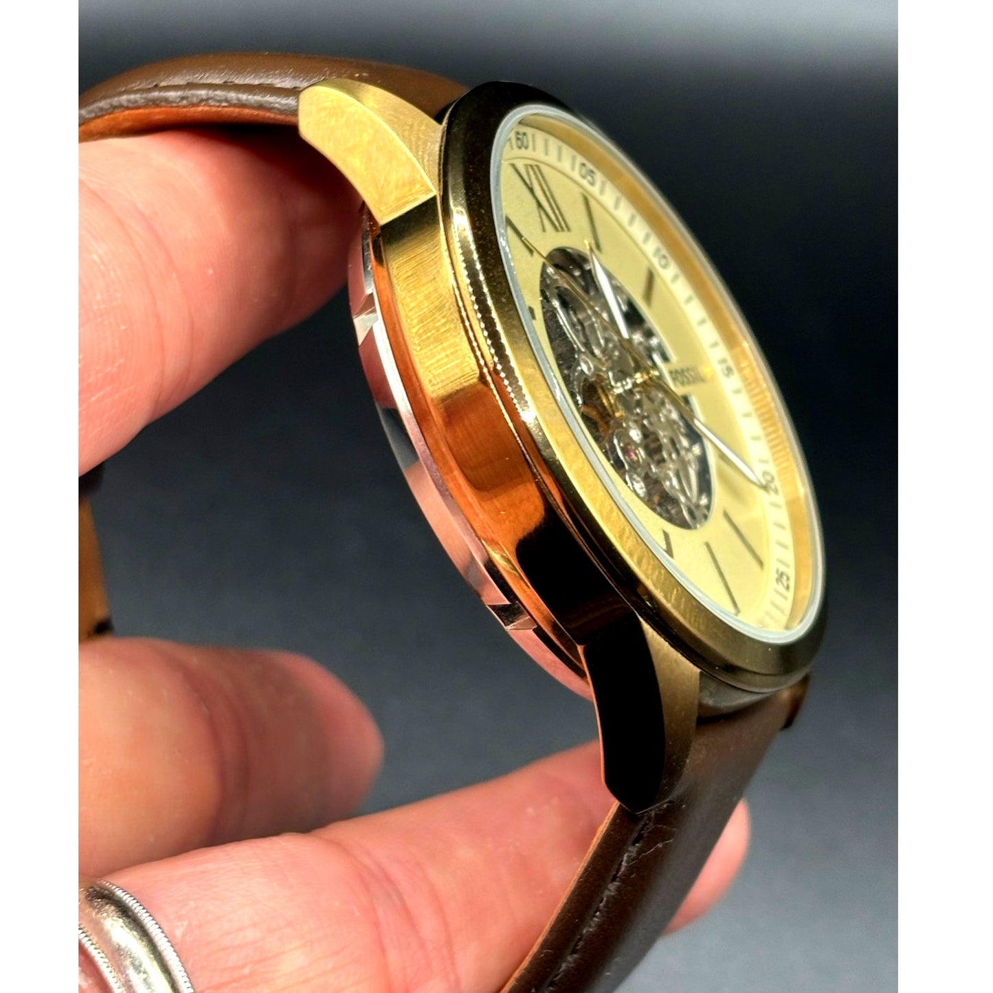 Fossil Flynn BQ2382 Automatic Men's Watch Skeleton Dial Leather Strap 48mm