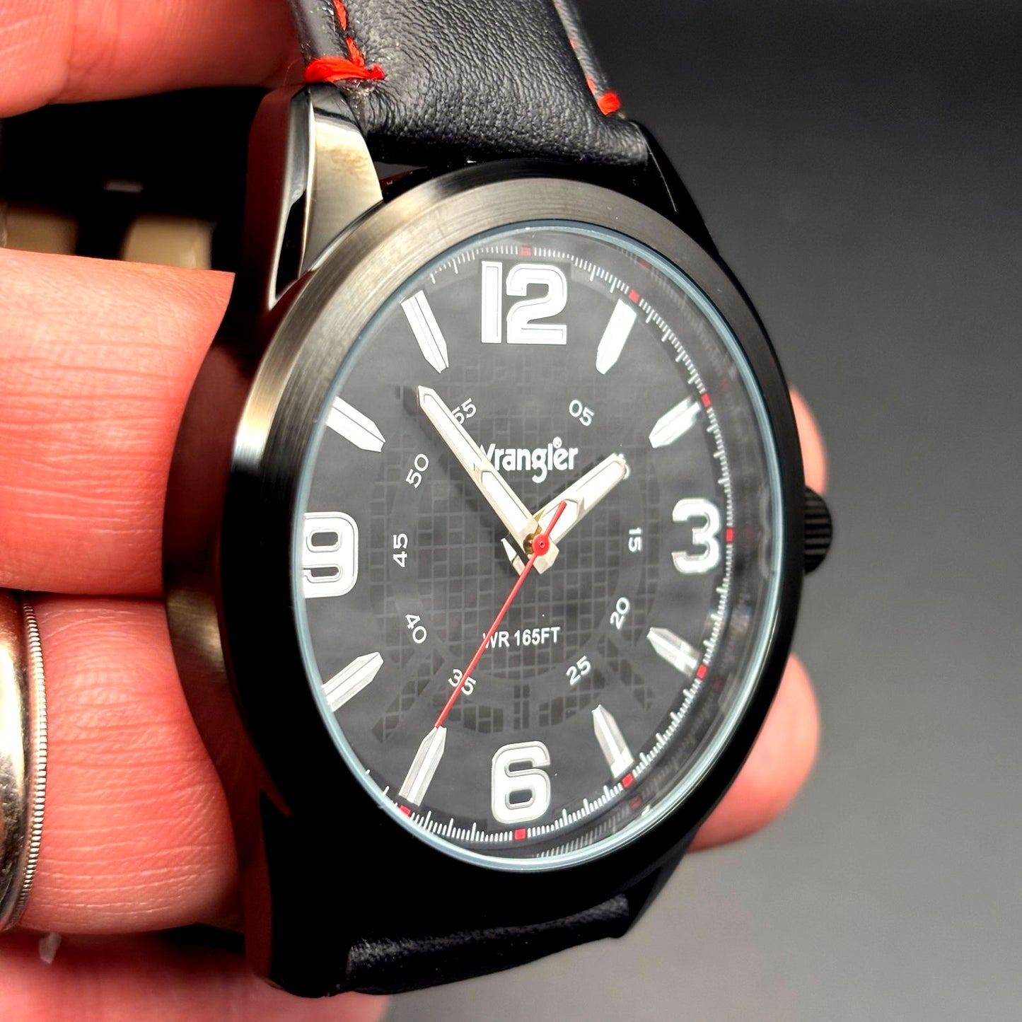Wrangler WRW2400-1A Mens Black Analog Watch Black Leather Red Stitching Strap