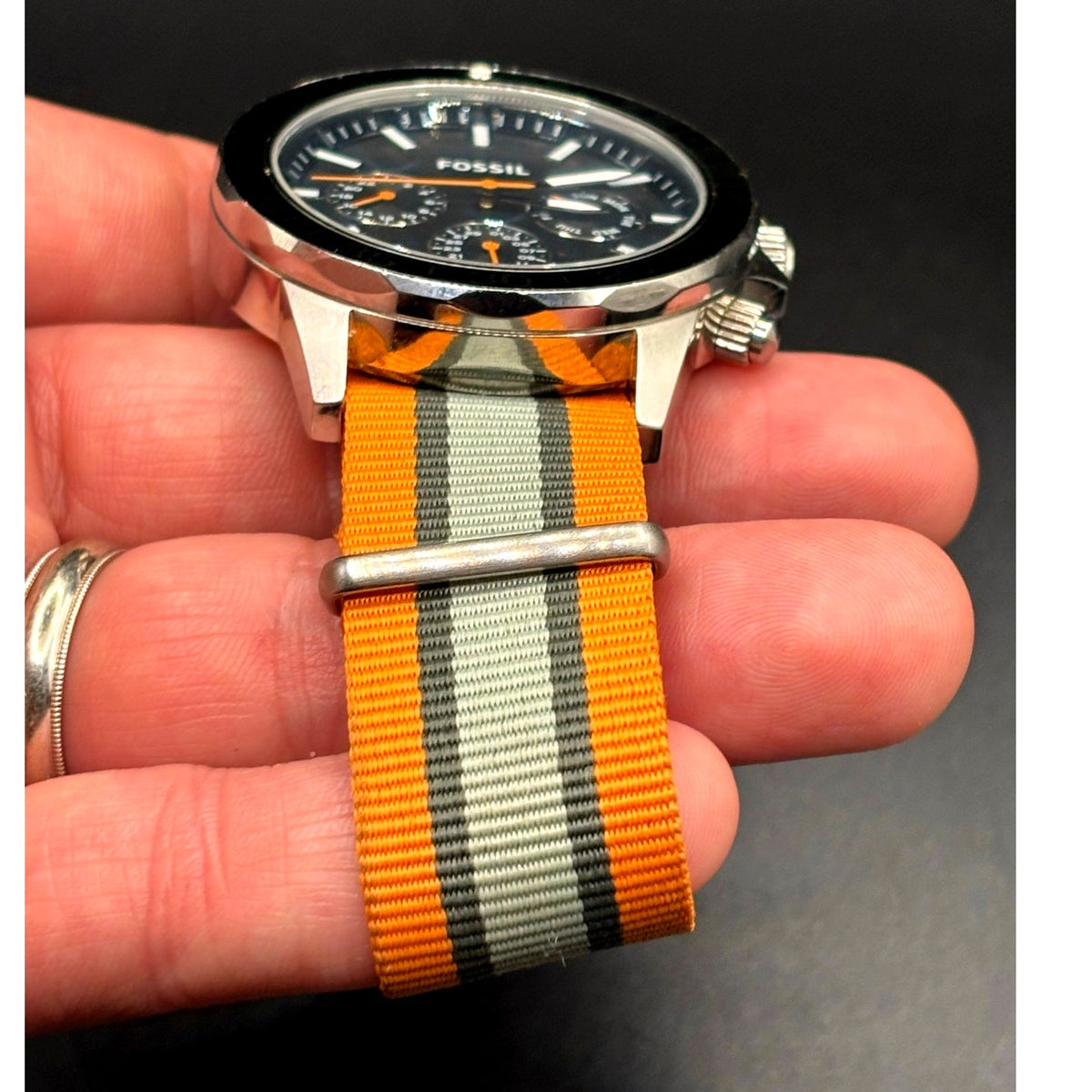 Fossil Bannon BQ2677 Multifunction Black Dial Orange Green Nylon Mens Watch 45mm