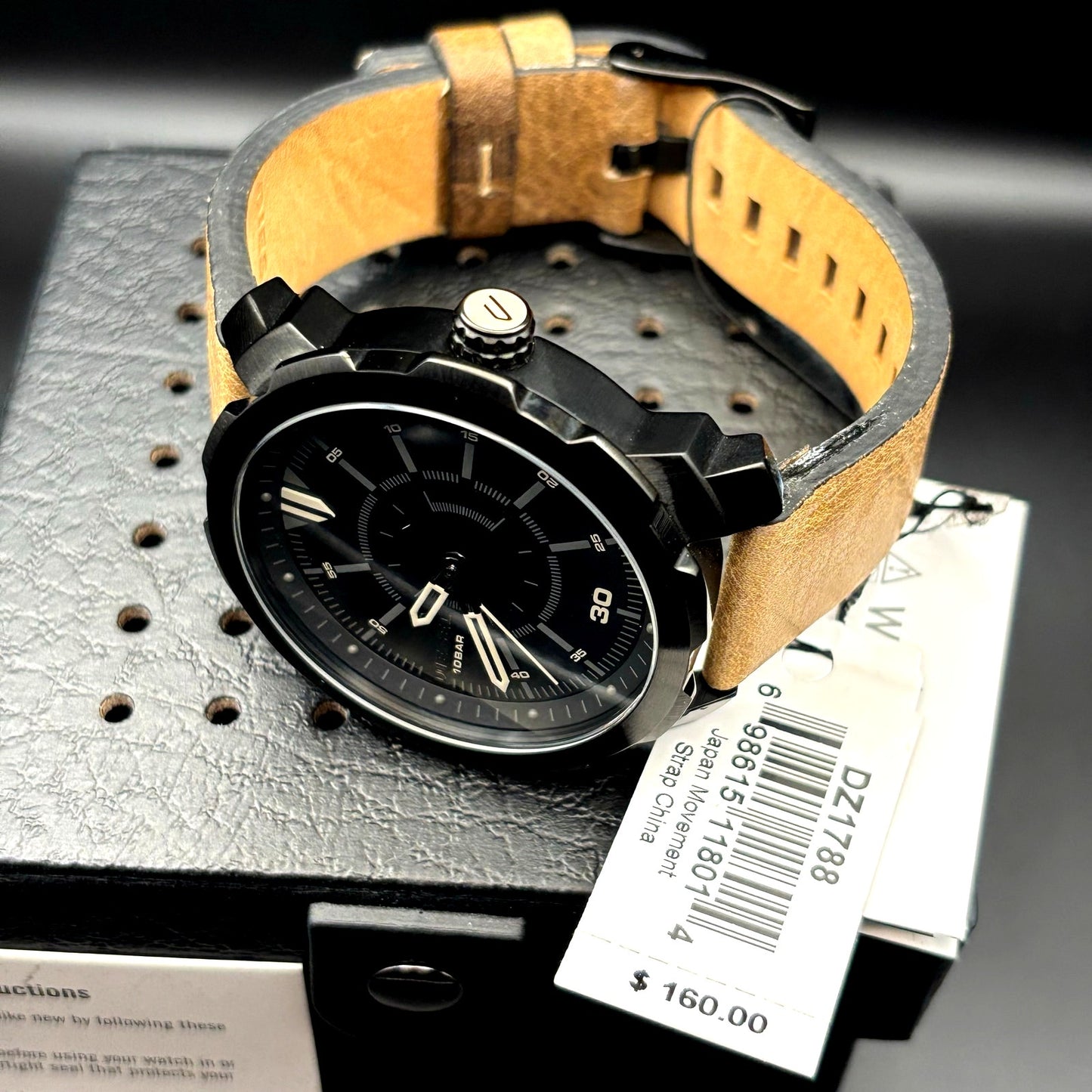 Diesel Machinus DZ1788 Men’s Black Dial Brown Leather Watch 10 BAR Quartz NIBWT
