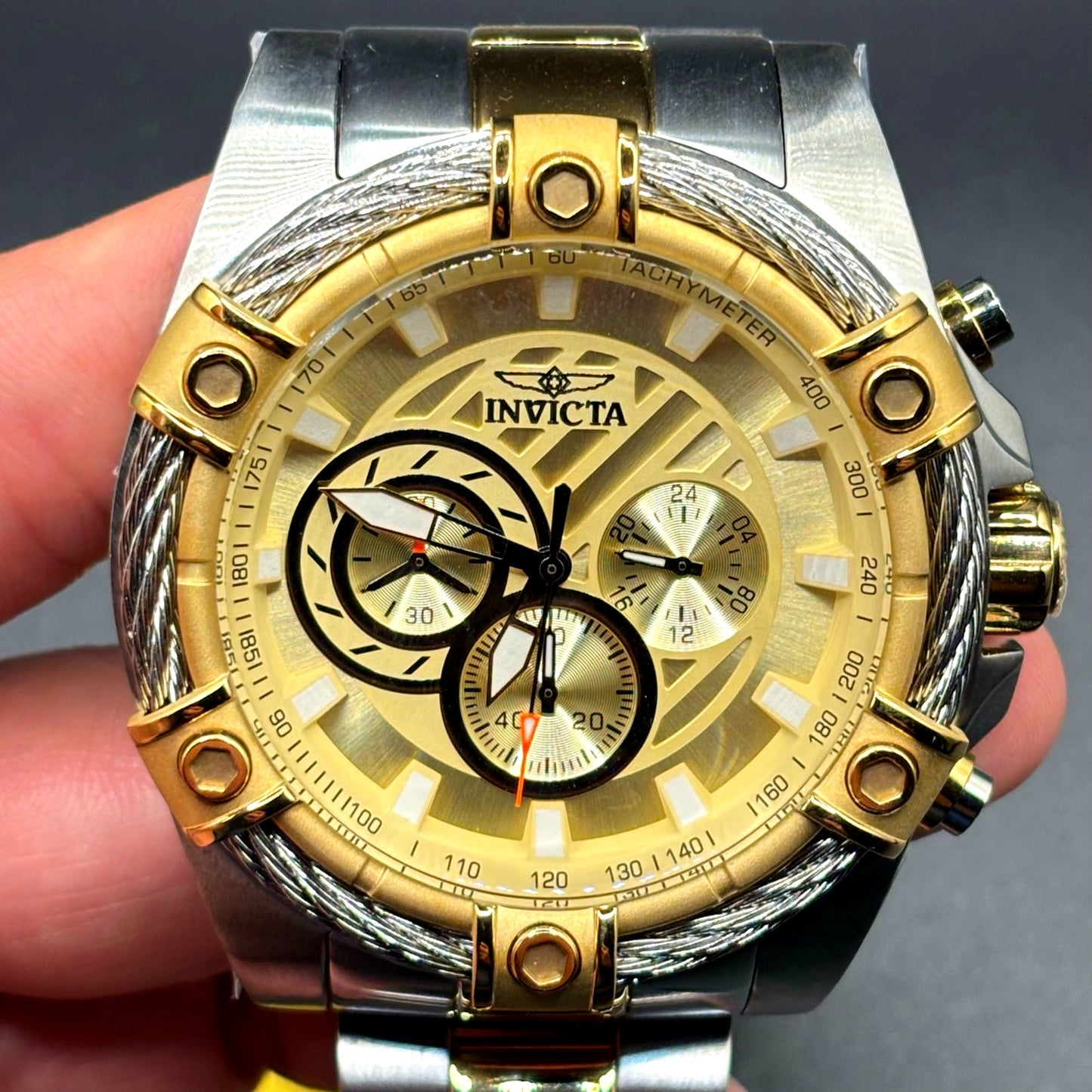 Invicta Bolt Ace 49747 Chronograph 52mm Gold Tone Cable Bezel Men’s Watch NIBWT
