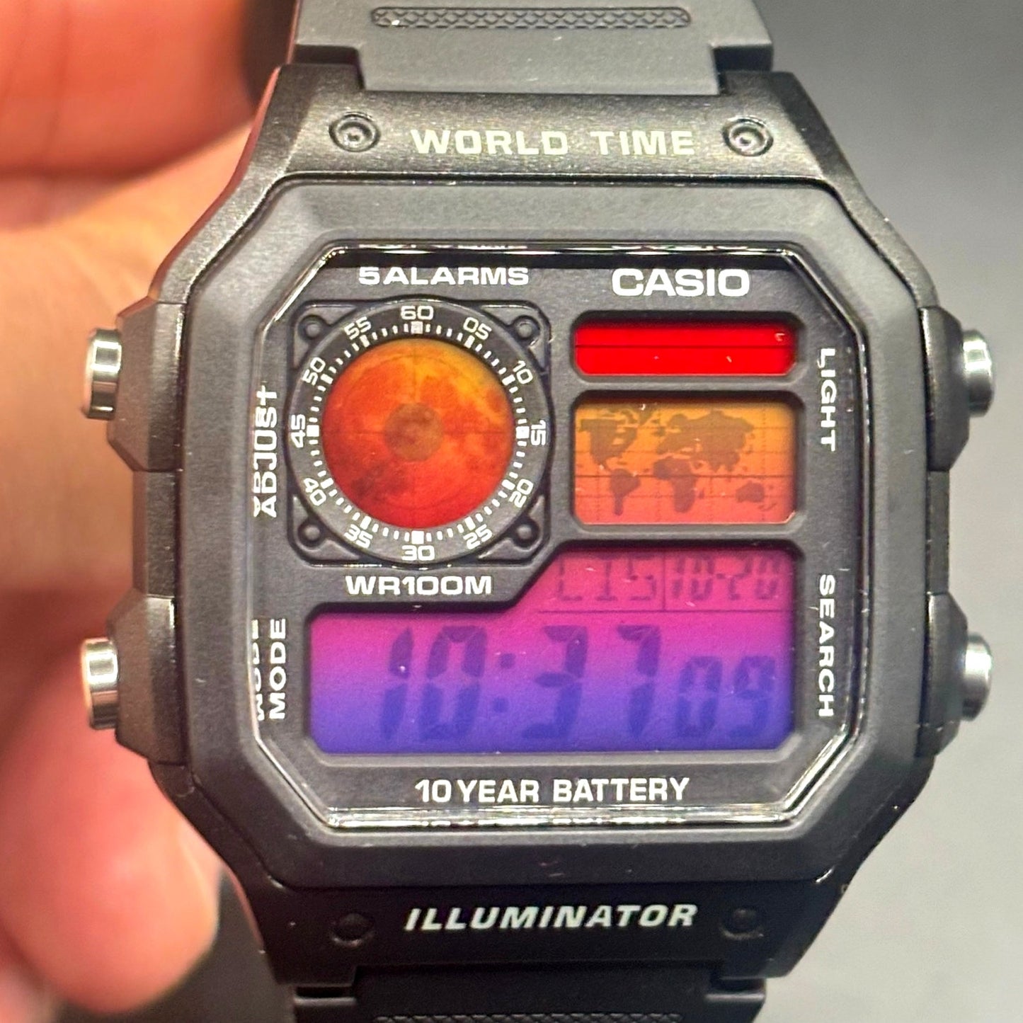 LWS Atlas Red Horizon Custom Casio AE1200 World Time Silicone Bracelet Mod Watch