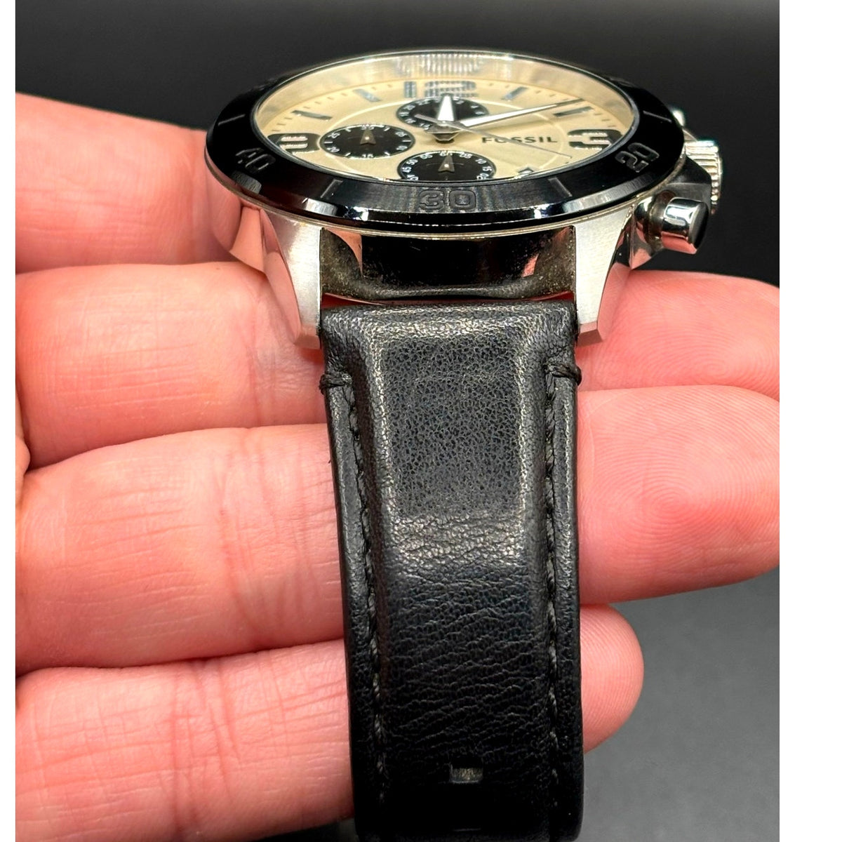 Fossil BQ2165 Chronograph Cream Dial Black Leather Men’s 45mm Watch