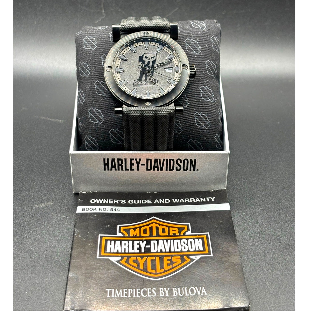 Harley-Davidson Bulova 78B131 Black #1 Racing Skull 44mm Watch Discontinued
