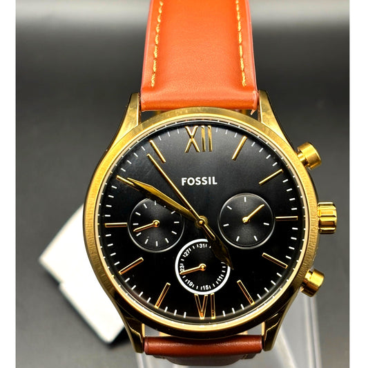 Fossil Fenmore BQM2404 Men's Multifunction Gold Tone Leather Strap Watch NIBWT