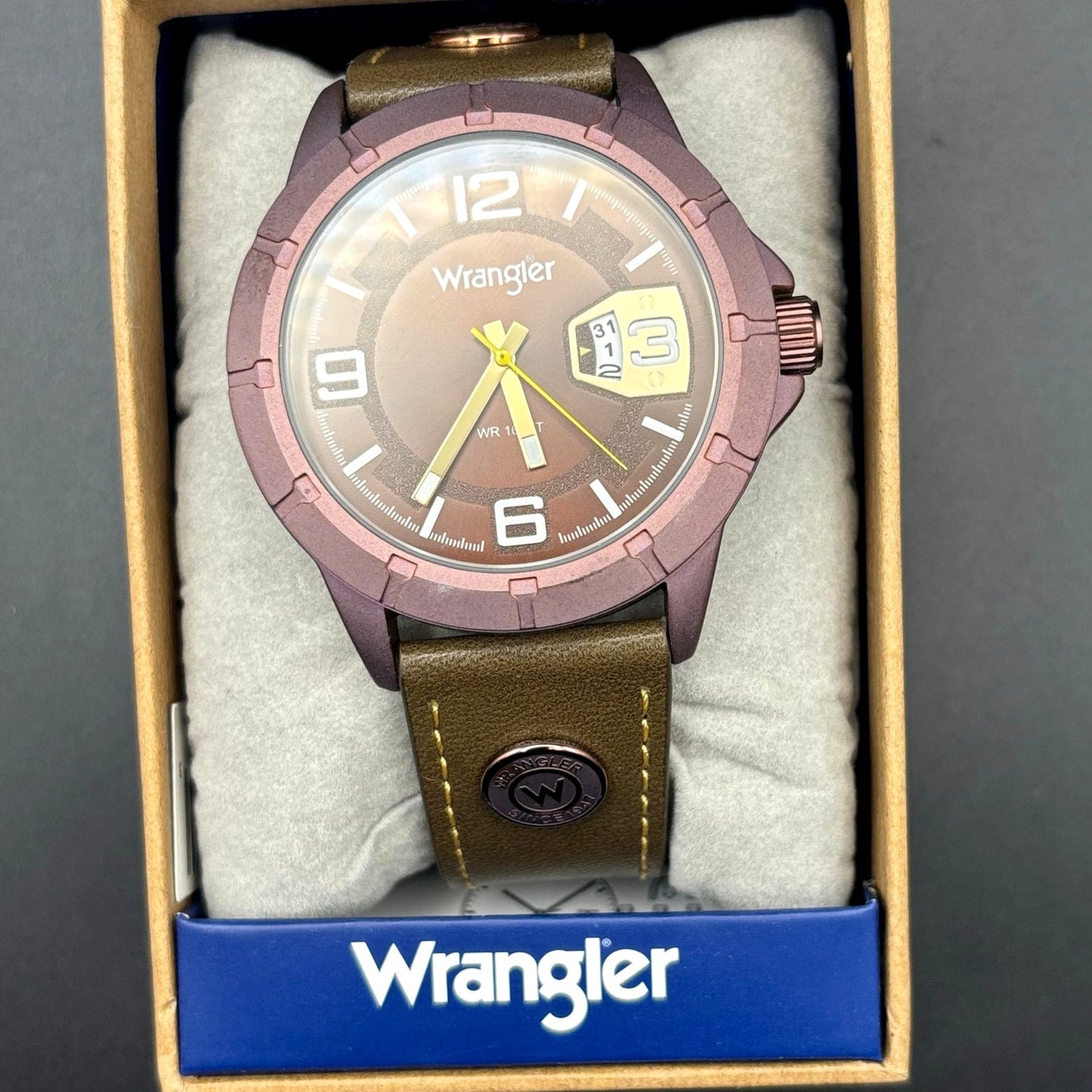 Wrangler WRW5001-5BR Men’s Purple Dial Watch Olive Brown Leather Strap NIBWT