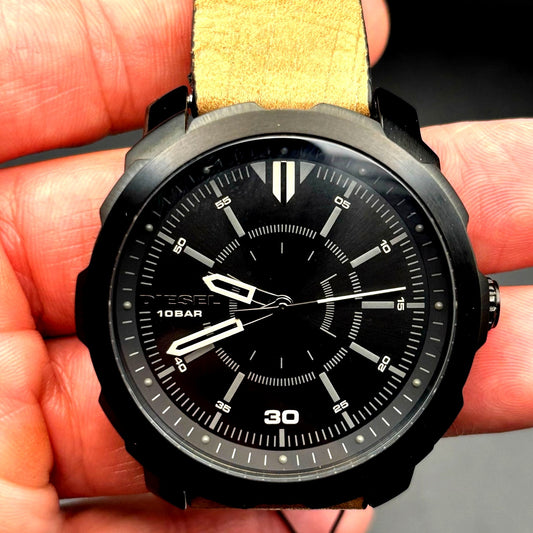 Diesel Machinus DZ1788 Men’s Black Dial Brown Leather Watch 10 BAR Quartz NIBWT