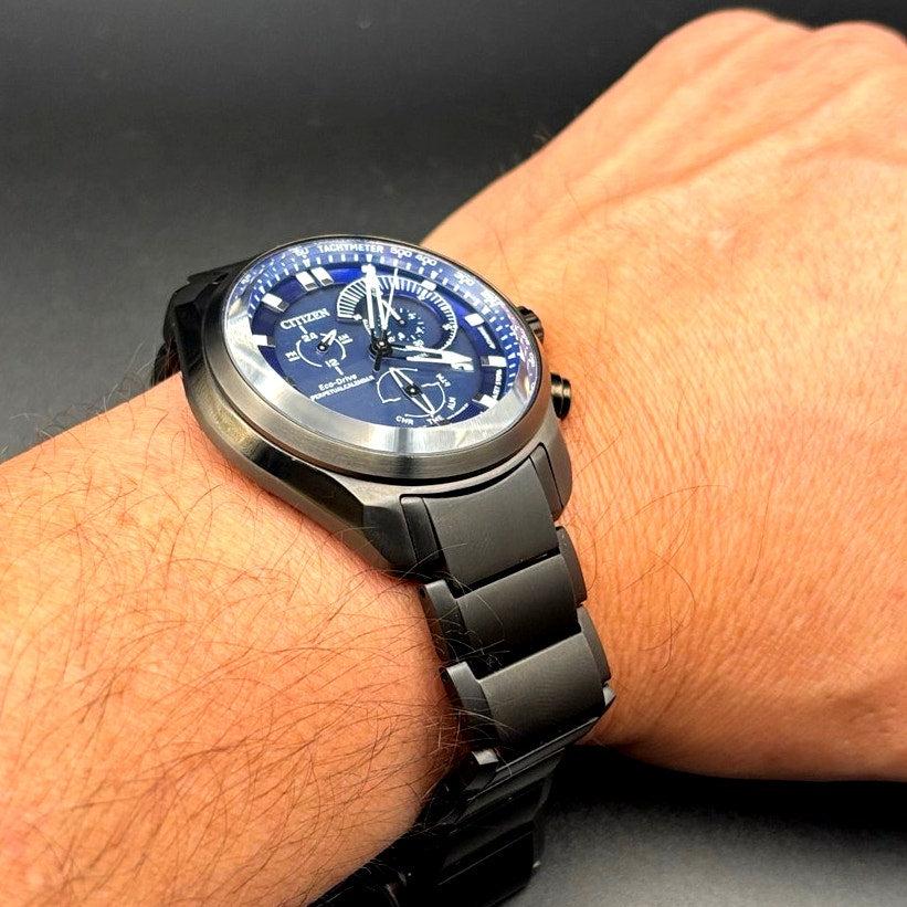 Citizen BL5607-54L Men’s Eco-Drive Sport Chronograph Blue Dial Black IP NIBWT