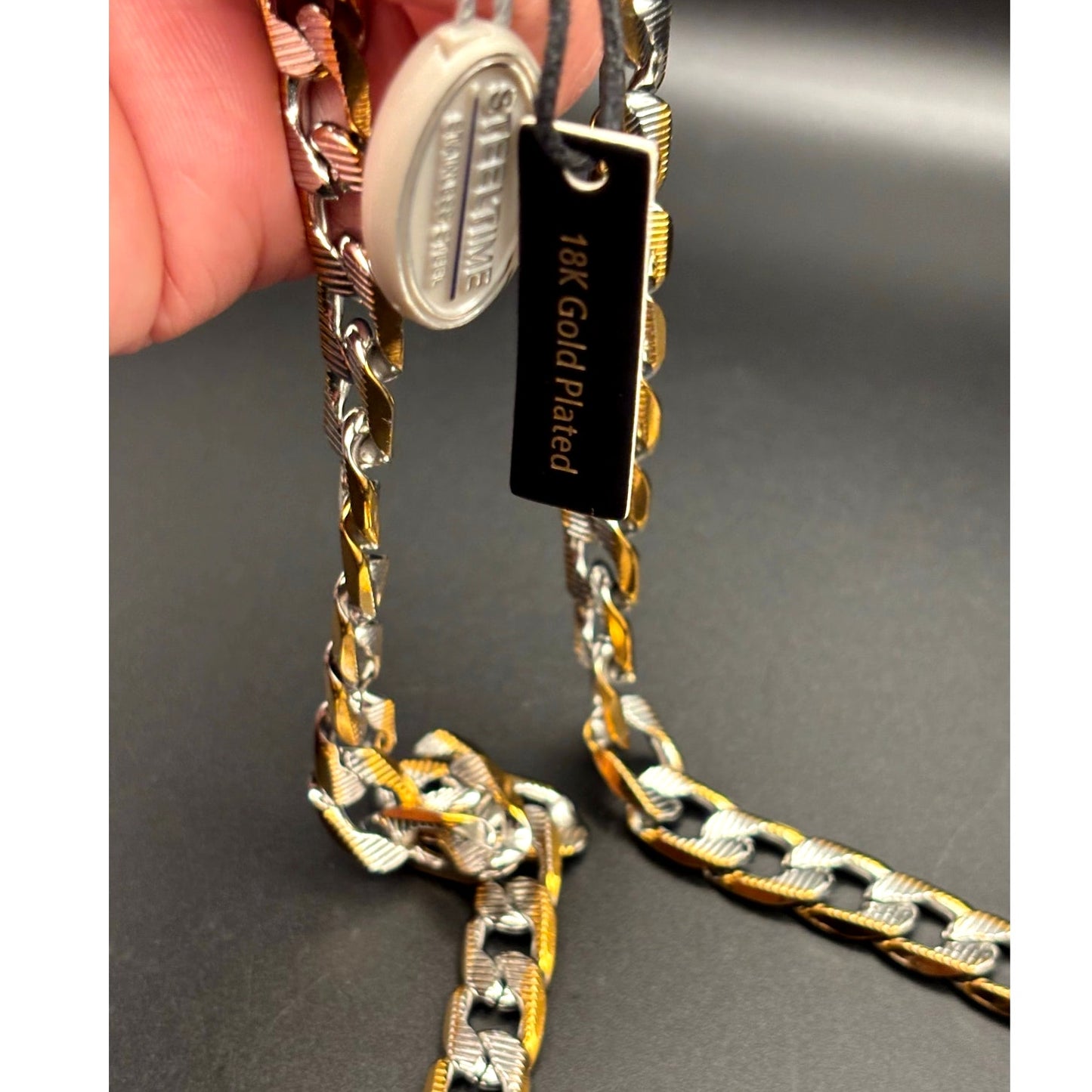 Steeltime 24" Men's 18k gold plated stainless steel flat curb chain necklace NWT
