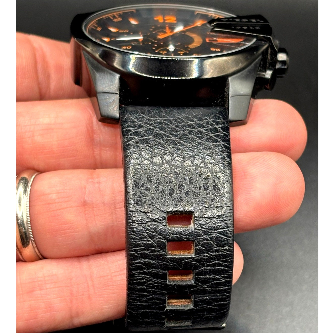 Diesel Mega Chief DZ4291 Black Orange Chronograph Leather Men's Watch 51mm