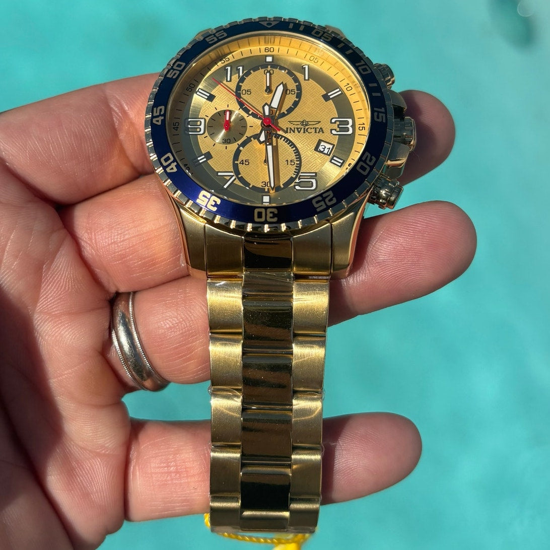 Invicta Specialty 49095 Mens Chronograph 45mm Gold Stainless Steel Blue Bezel