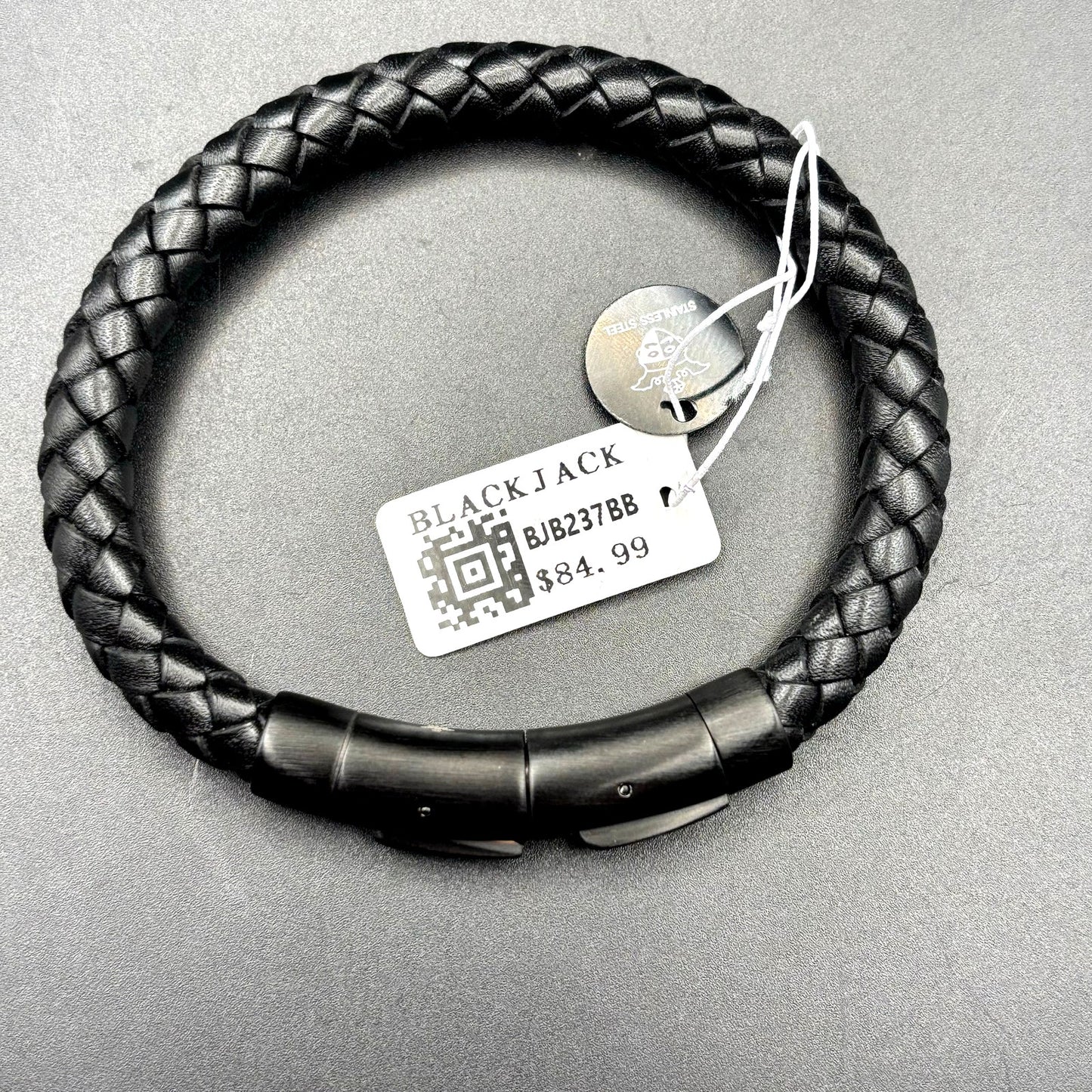 Blackjack BJB237BB Mens Black Leather Stainless Steel Extendable Bracelet NIBWT