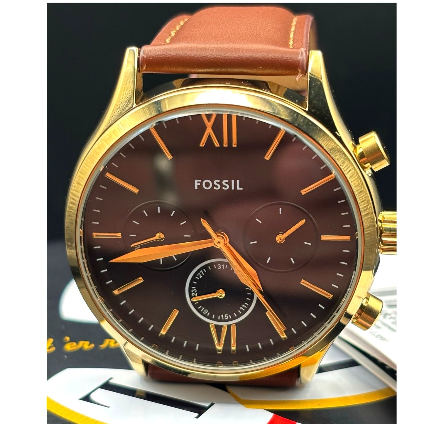 Fossil Fenmore BQM2404 Men's Multifunction Gold Tone Leather Strap Watch NIBWT