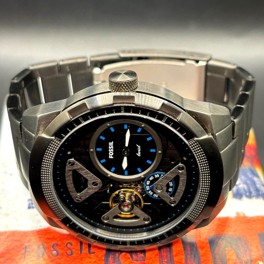 Fossil Bronson Twist ME1171 Semi Skeleton Smoke Stainless Steel 50mm Watch