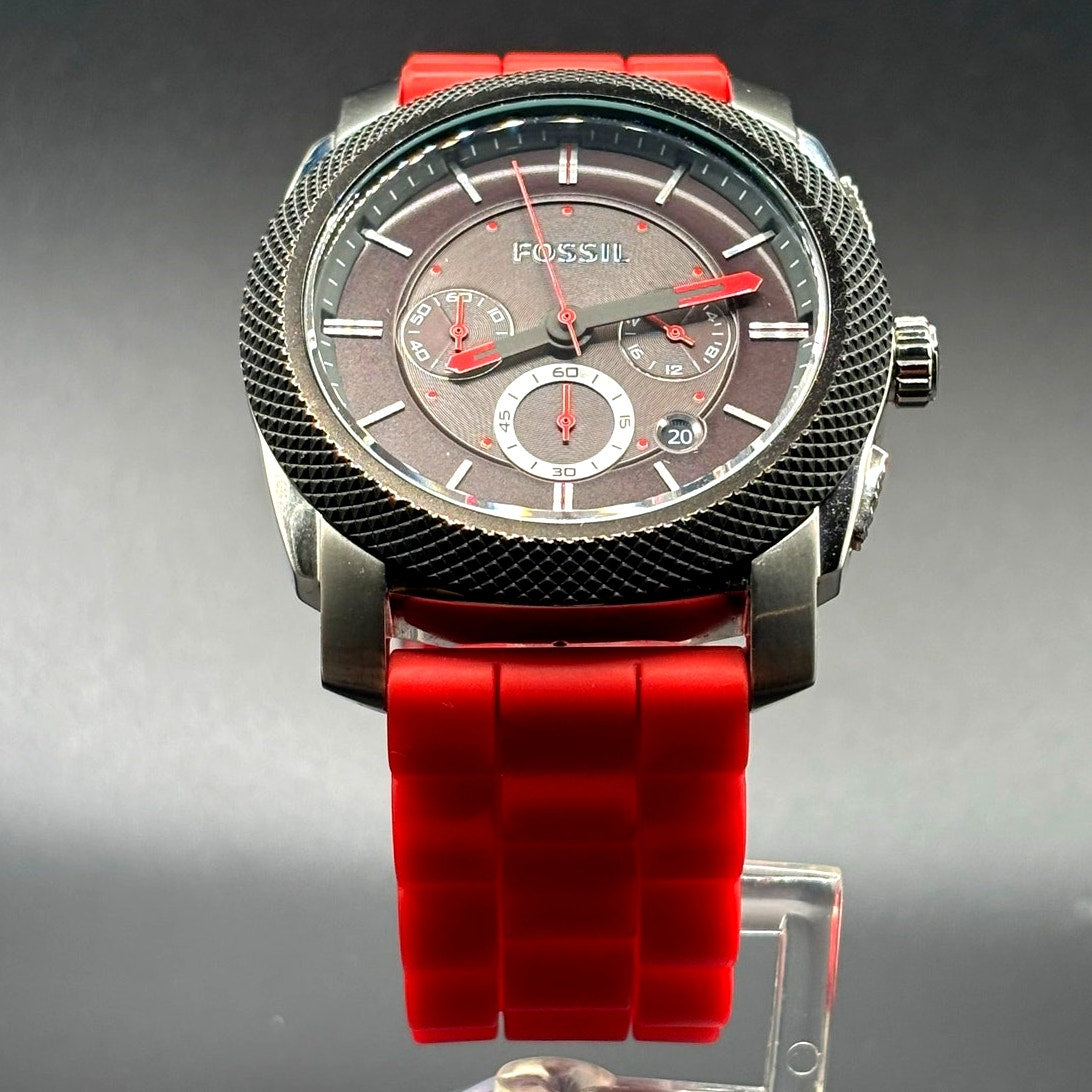 Fossil FS4598 Machine Chronograph Men’s Silver Red Silicone Strap Watch