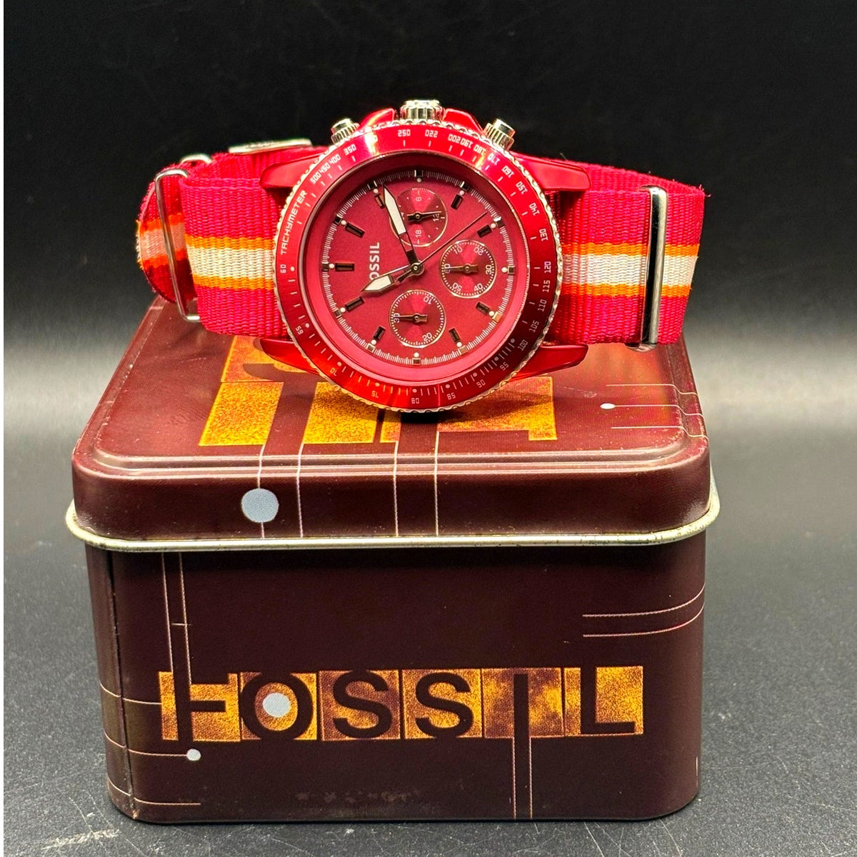 Fossil Stella CH2768 Red Chronograph 42mm Quartz NATO-Style Strap Women’s Watch