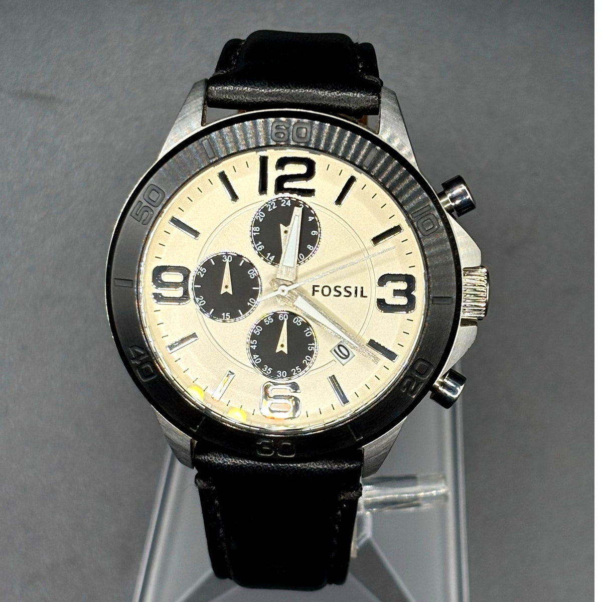 Fossil BQ2165 Chronograph Cream Dial Black Leather Men’s 45mm Watch