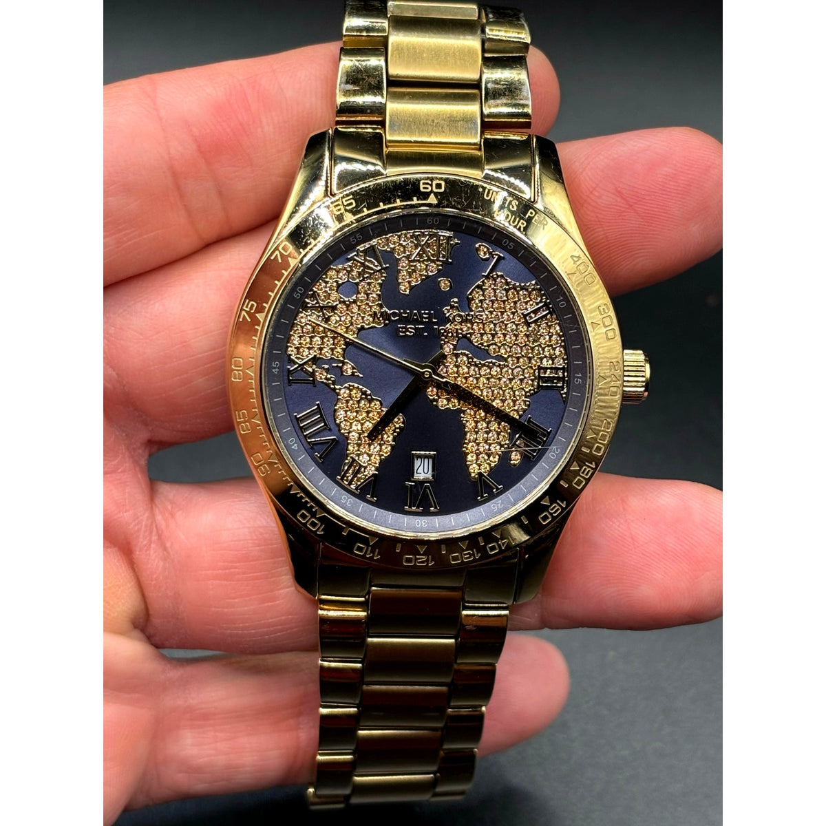 Michael Kors Layton MK6243 Gold Tone Blue Crystal Pave Globe Watch 44mm