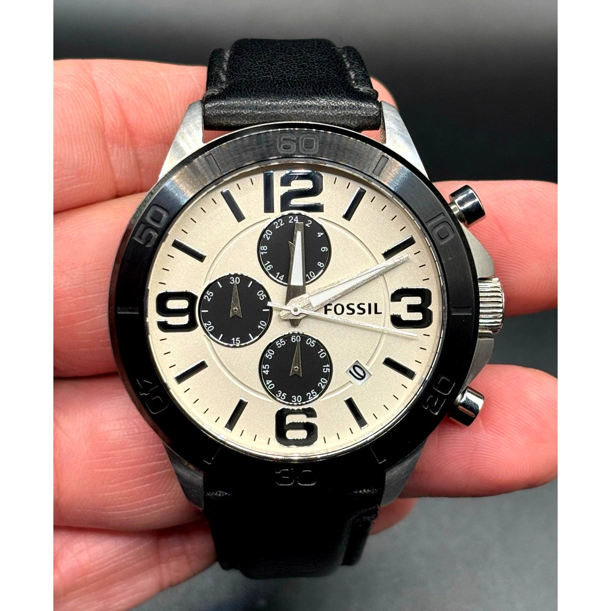 Fossil BQ2165 Chronograph Cream Dial Black Leather Men’s 45mm Watch