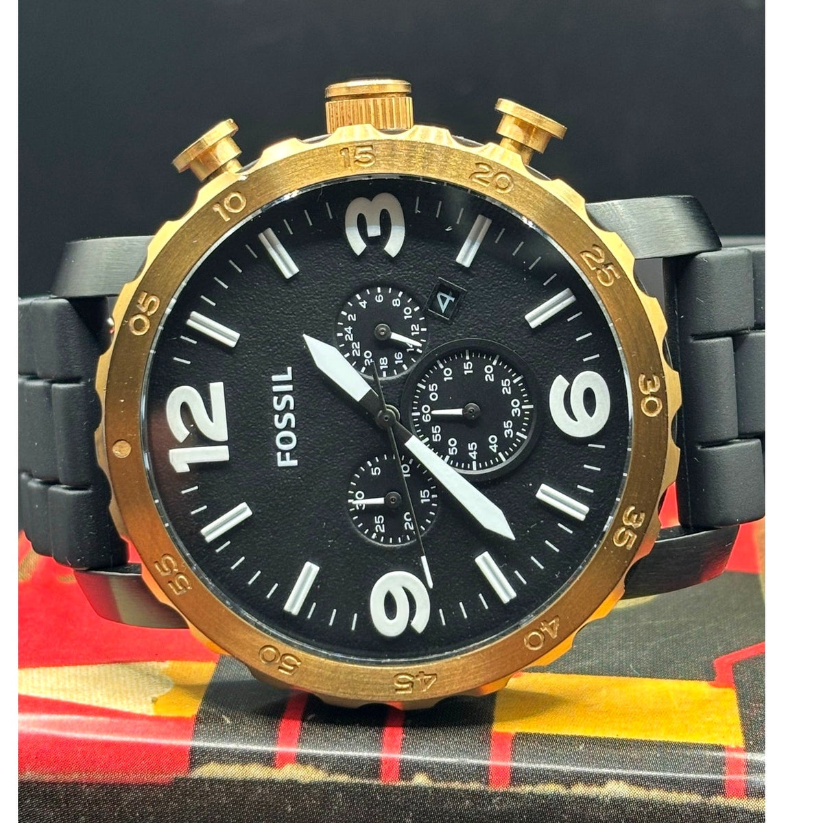 Fossil Nate JR1369 Chronograph 50mm Rose Gold Black Silicone Men’s Watch