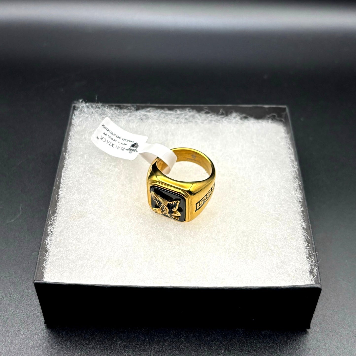 Blackjack BJZ03G Mens Onyx Eagle Ring 18K Gold Plated Stainless Steel NWT SZ#13