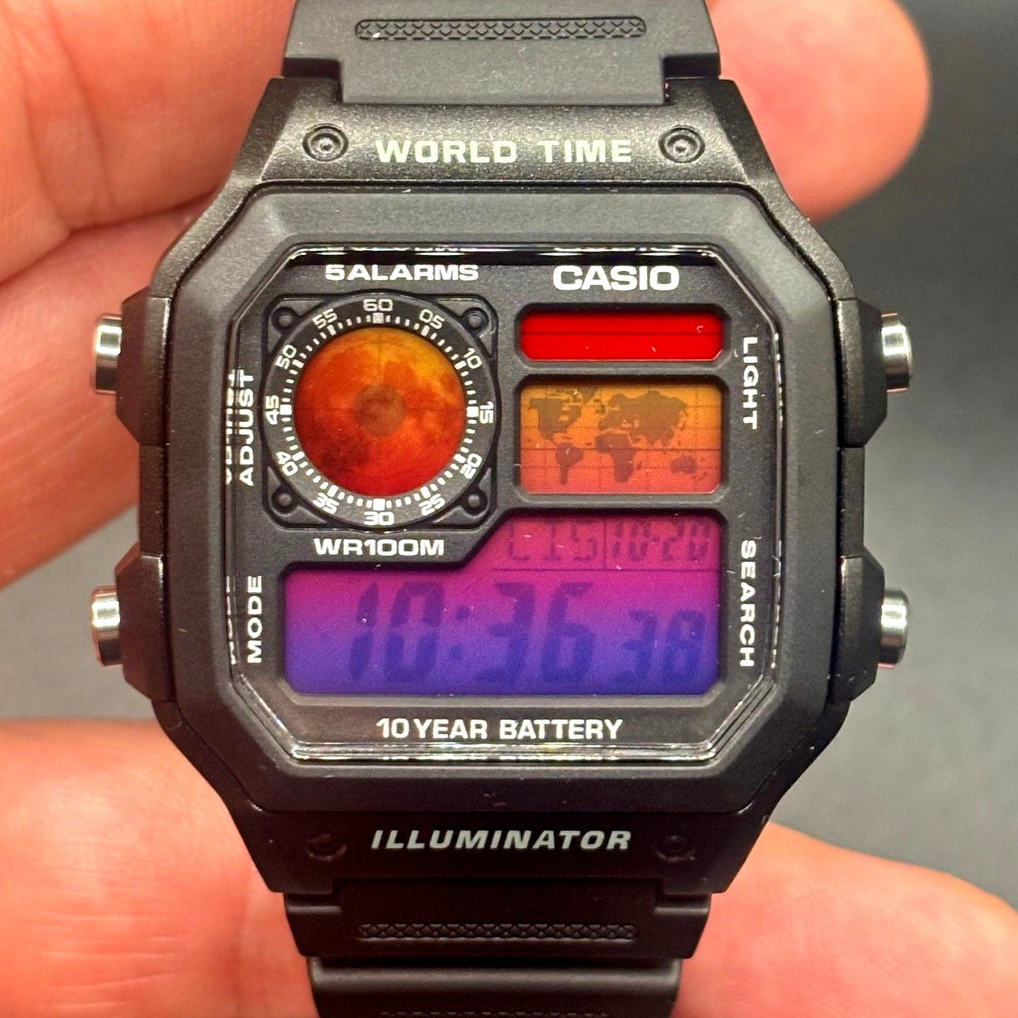 LWS Atlas Red Horizon Custom Casio AE1200 World Time Silicone Bracelet Mod Watch