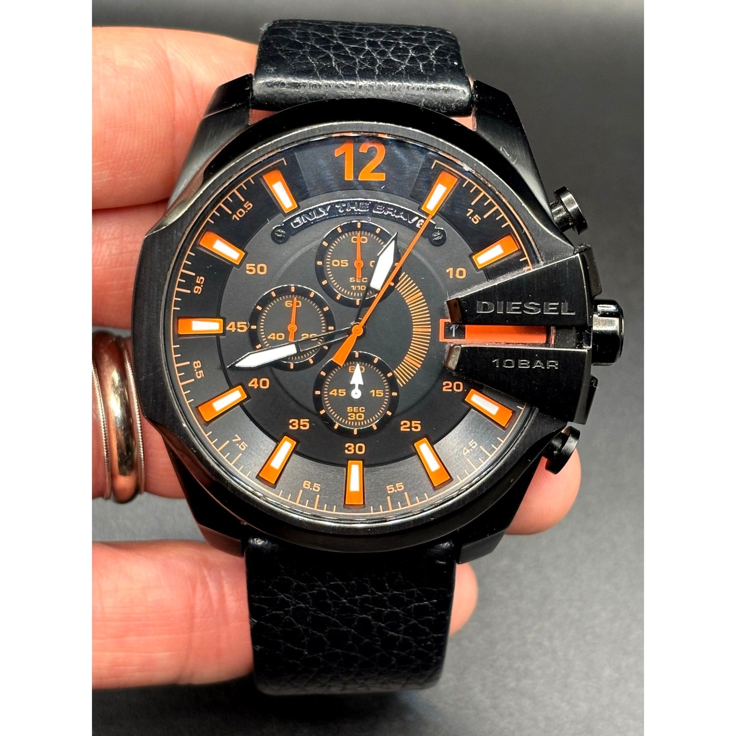 Diesel Mega Chief DZ4291 Black Orange Chronograph Leather Men's Watch 51mm