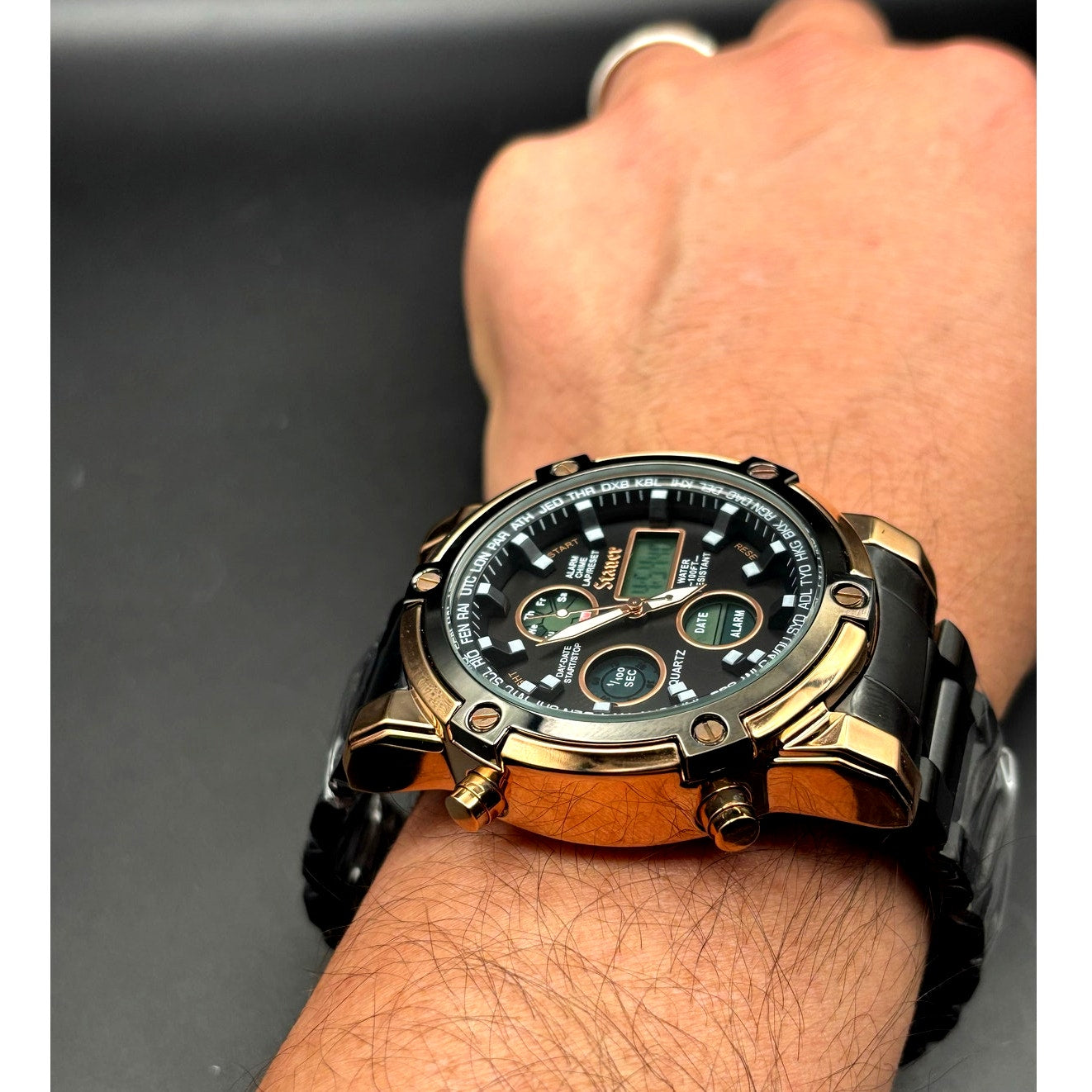 Stauer 52318 Due Volta Chronograph Men's Watch 48mm Rose Gold Black Steel NIB