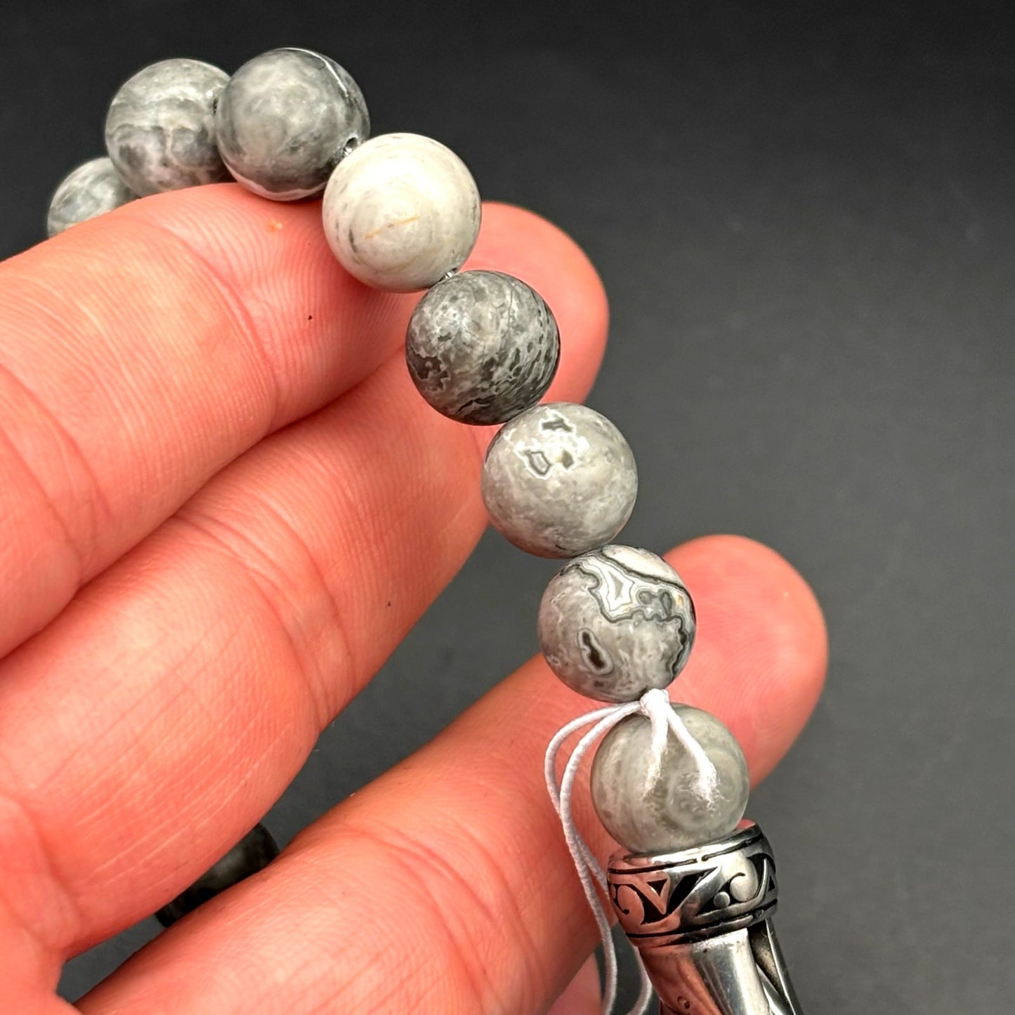 Blackjack BJB244BJ Men’s 10mm Gray Jasper Stainless Steel Beaded Bracelet NWT