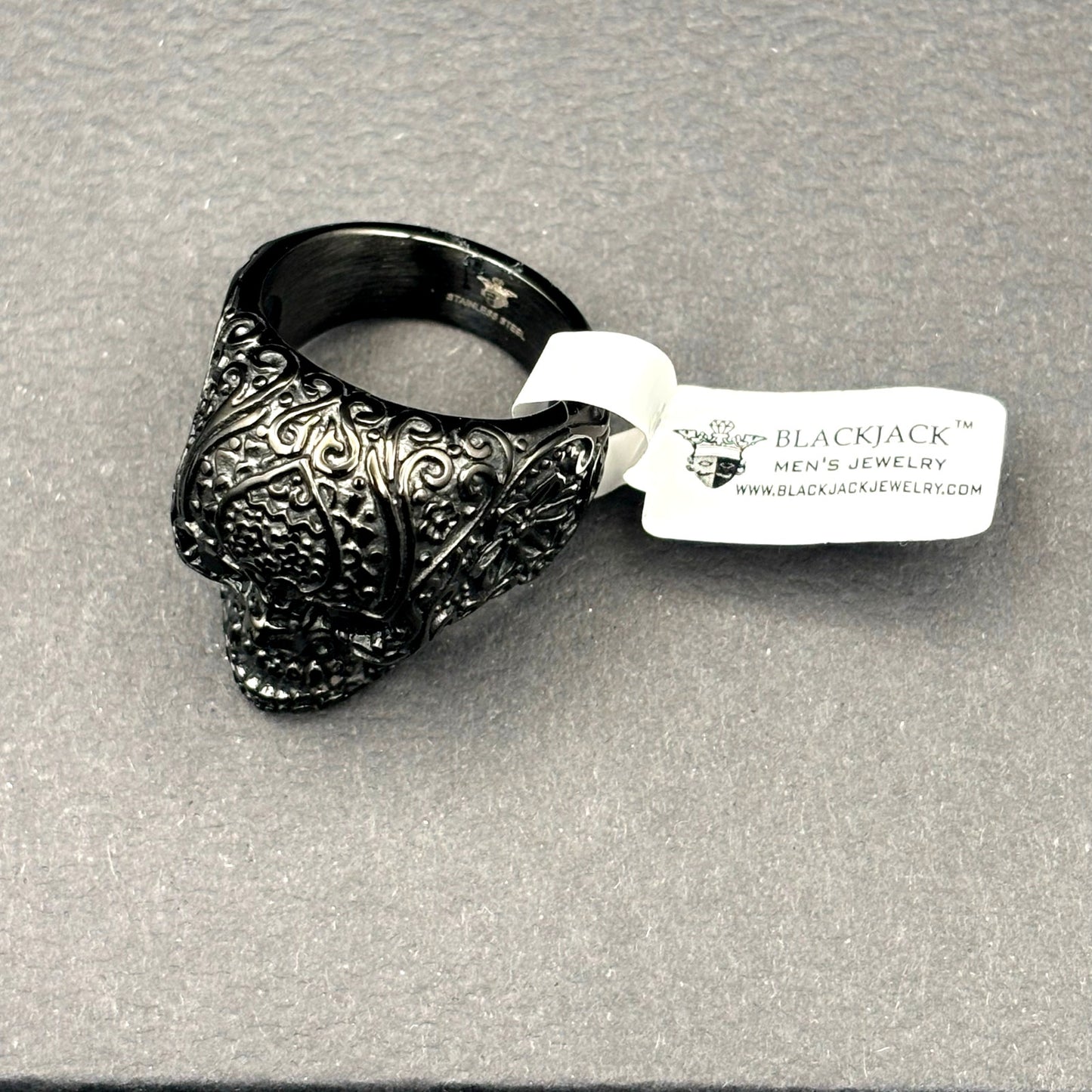 Blackjack BJZ10B Mens Skull Ring Black Stainless Steel with Black CZ Eyes Size10