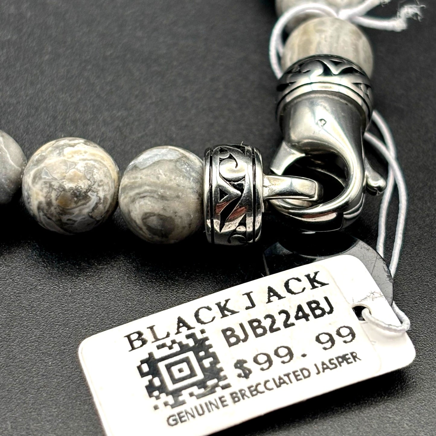 Blackjack BJB244BJ Men’s 10mm Gray Jasper Stainless Steel Beaded Bracelet NWT