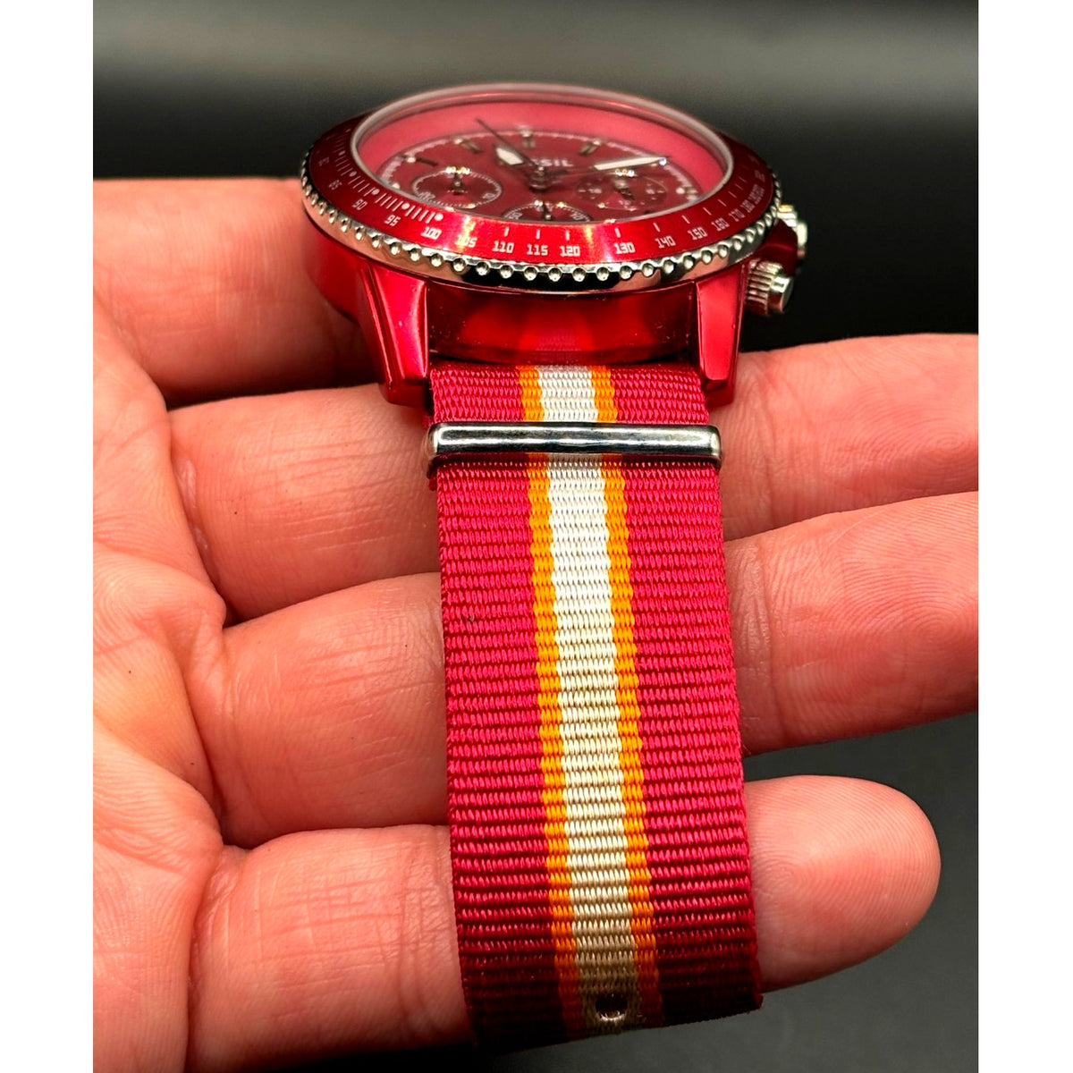 Fossil Stella CH2768 Red Chronograph 42mm Quartz NATO-Style Strap Women’s Watch