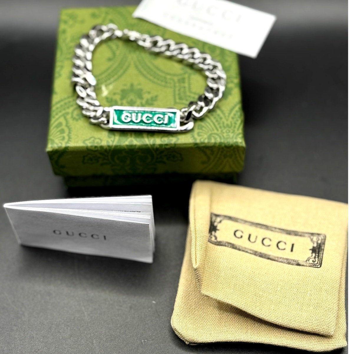 Gucci Sterling Silver Turquoise Enamel Logo ID Unisex Bracelet 7.5 NIB