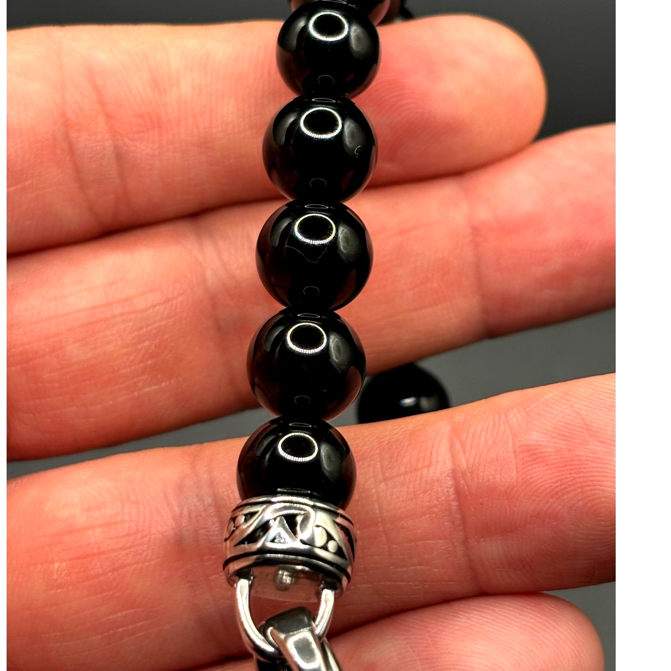 Blackjack BJS244BSO Men's Black Onyx Beaded Bracelet Stainless Steel NIBWT
