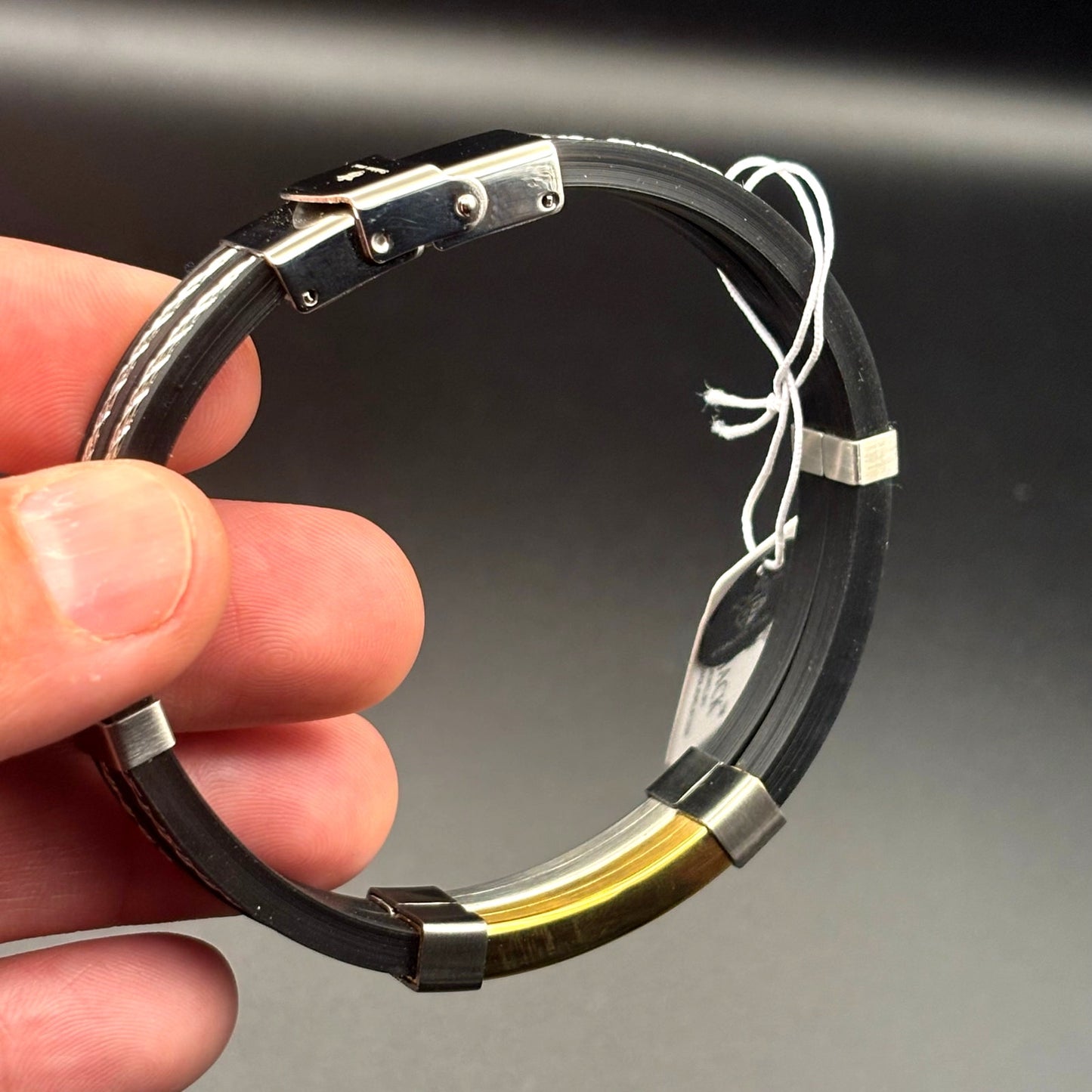 Blackjack BJB11G Mens Black Silicone Gold Stainless Steel Wire Bangle Bracelet
