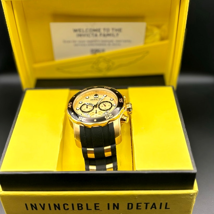 Invicta Pro Diver 17566 Men’s Chronograph Black & Gold Silicone Strap Watch NIB
