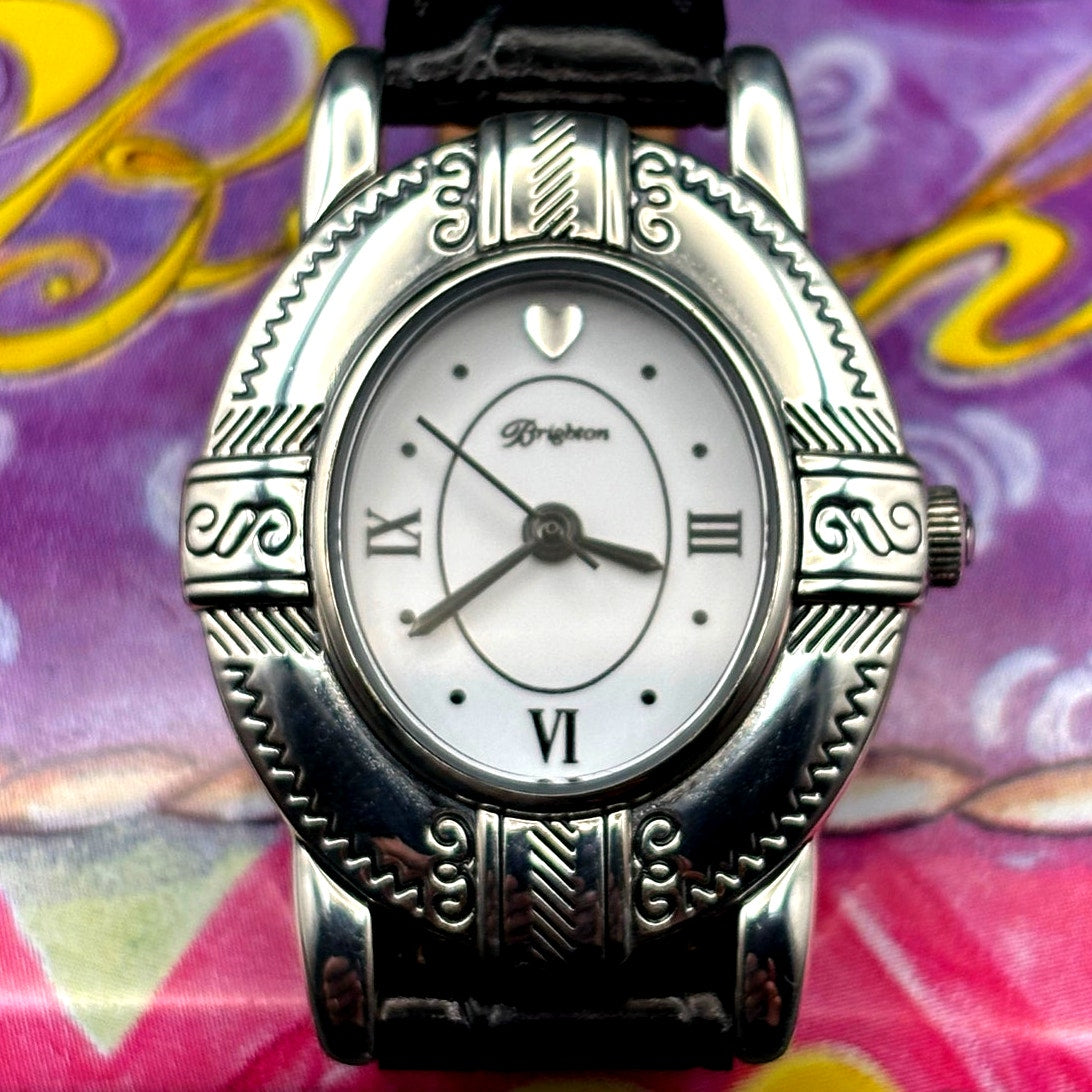 Brighton Moscow Women’s Silver Oval Black Italian Leather Vintage Watch NIB